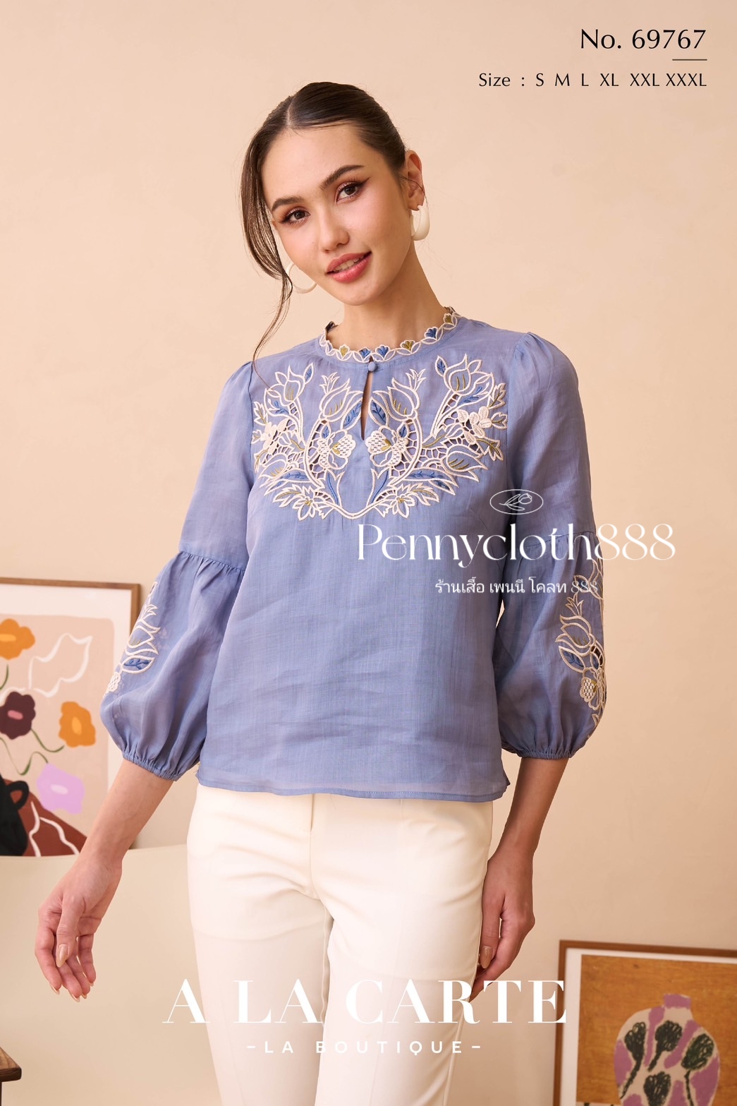 69767 เสื้อ A La Carte ลินินแท้ งานปักฉลุลูกไม้ มีซับใน คอกลม แขน 3 ส่วน by PENNY CLOTH 888