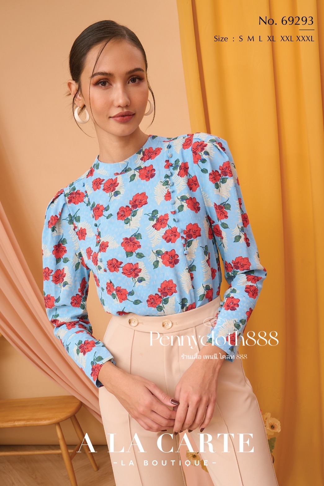 69293 เสื้อชีฟองพิมพ์ลายดอก แต่งกระดุมหน้า มีซับใน แขนยาว สีขาวเหลือง ฟ้า ดำ