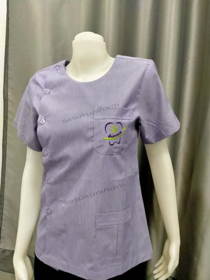 เสื้อริ้วม่วงขาว คอกลม ปักกระทรวงสาธารณสุข ผู้หญิง