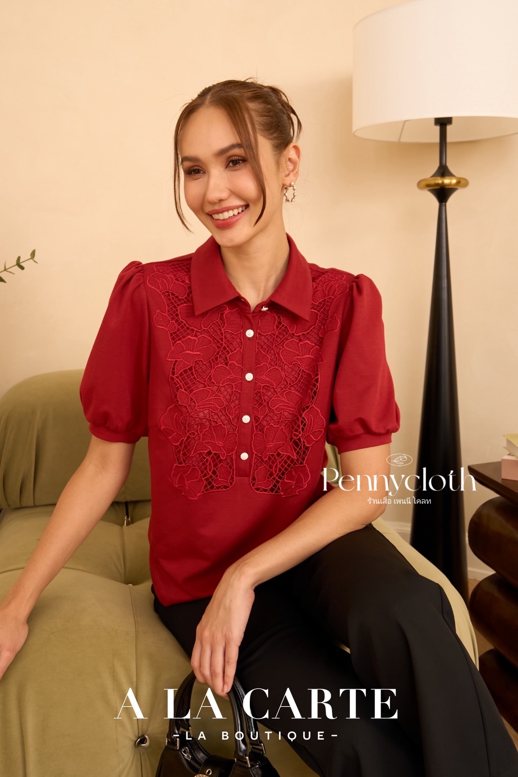 69969 เสื้อยืด A La Carte คอปกโปโล แขนสั้น งานปักฉลุ by PENNY CLOTH อก 38-46"