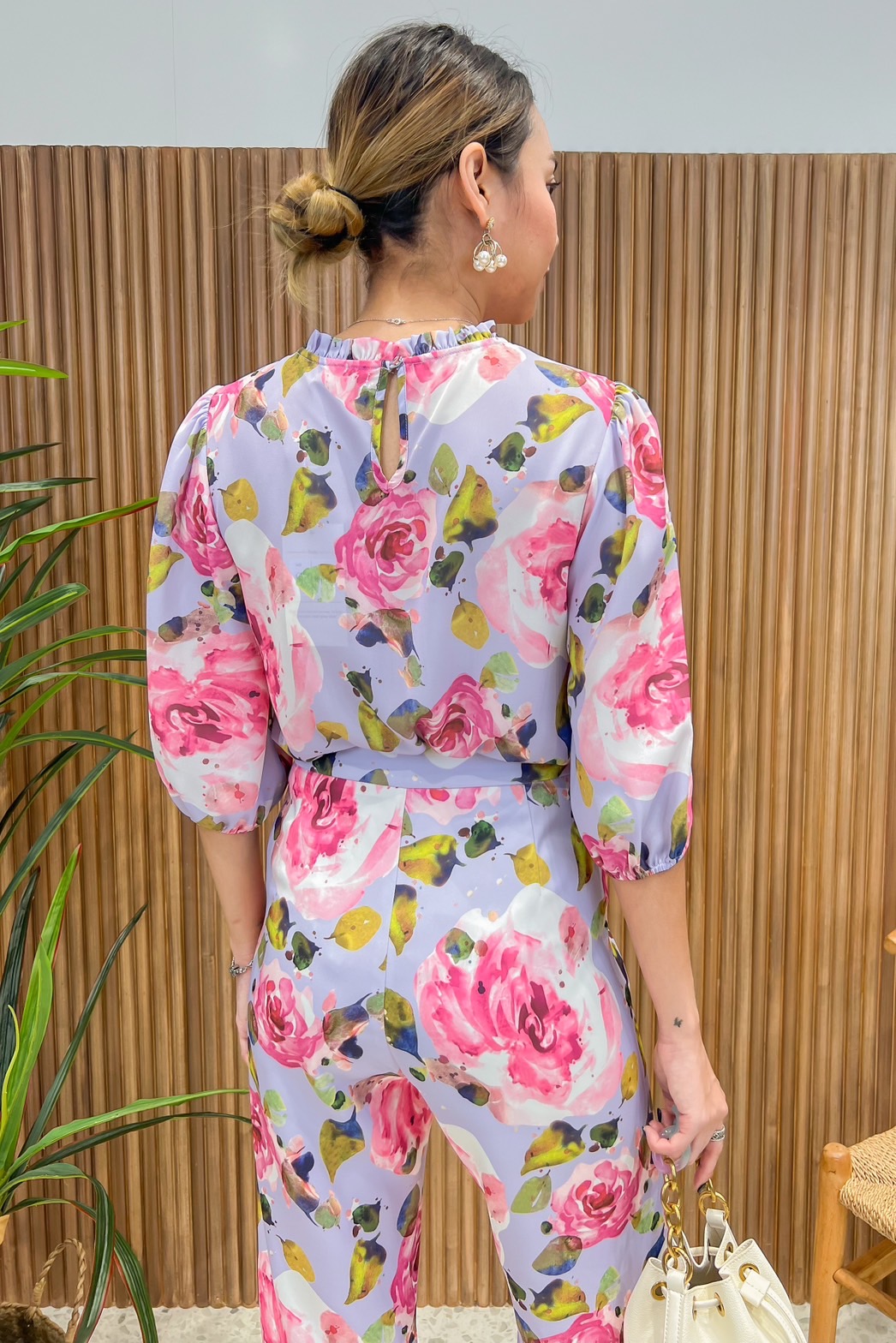 JS0059B 👛🌹A la carte🛍ชุดเซทเสื้อจอร์เจีย กางเกงพิมพ์ลาย ใส่สบาย แขน 3 ส่วน กางเกง5 ส่วนทรงกระบอก 🍀สีม่วง XL