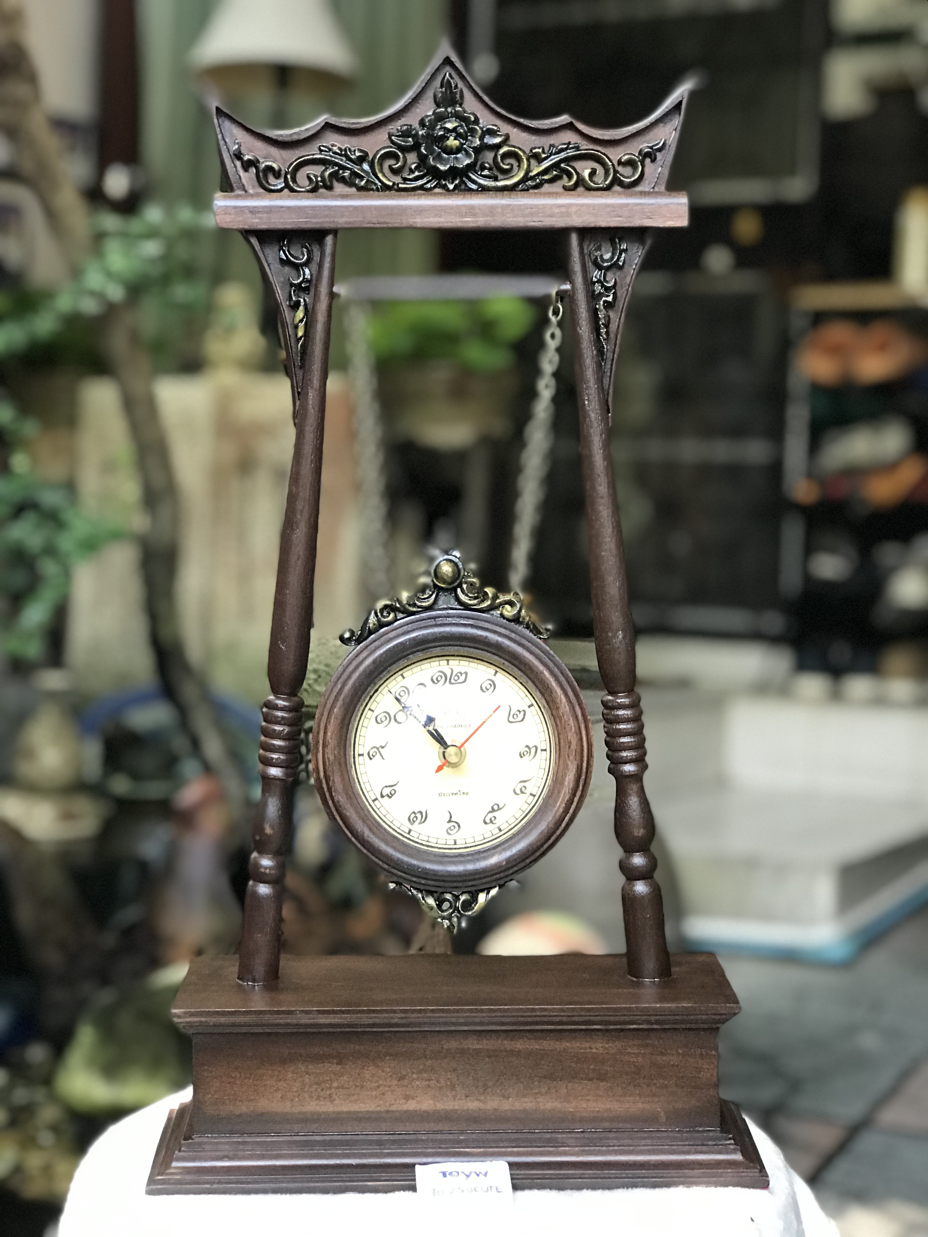 ใช้งานได้ปกติ antique table clock นาฬิกาตั้งโต๊ะไม้จริงทรงเสาชิงช้าจำลอง นาฬิกาโบราณไม้จริง