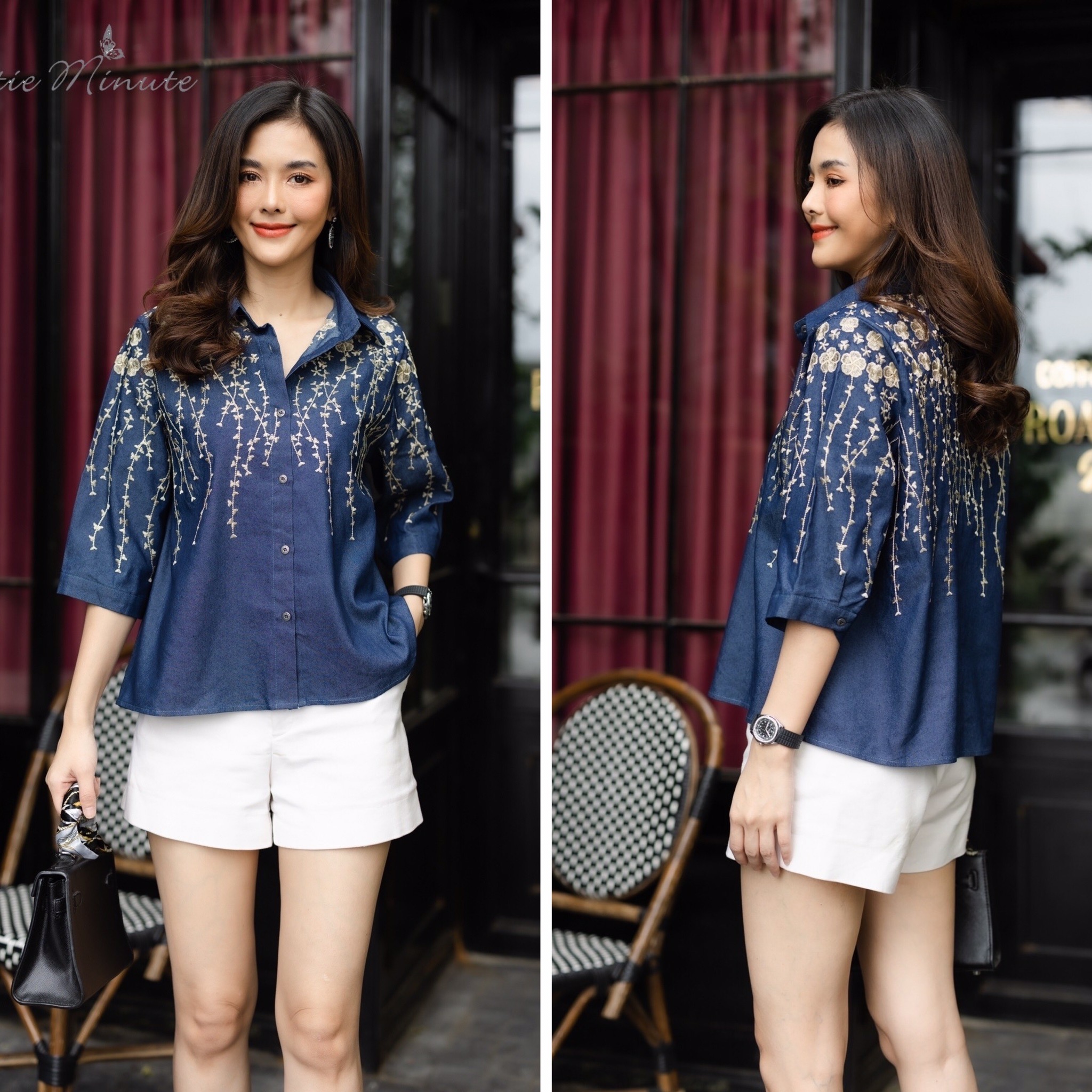P0515 เสื้อยีนส์ เนื้อผ้าหนากำลังดี ผ้าดี งานปักลายดอก งานปักด้านหน้าเเละด้านหลัง ปักสวยโดดเด่นตัดกับผ้ายีนส์ เสื้อเชิ้ตทรงสวยคลาสสิค อก ฟรีไซส์ 44" มี สี ยีนส์กลาง ยีนส์เข้ม