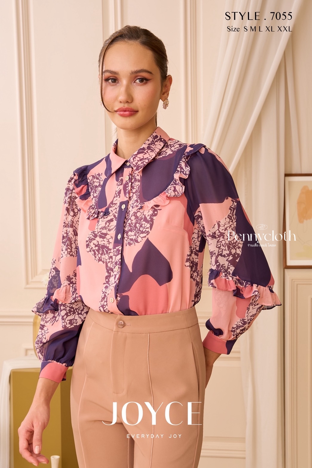 7055 เสื้อเชิ้ต Joyce ชีฟองพิมพ์ลายใหม่ แต่งระบาย ช่วงอกและแขน มีซับใน by PENNY CLOTH