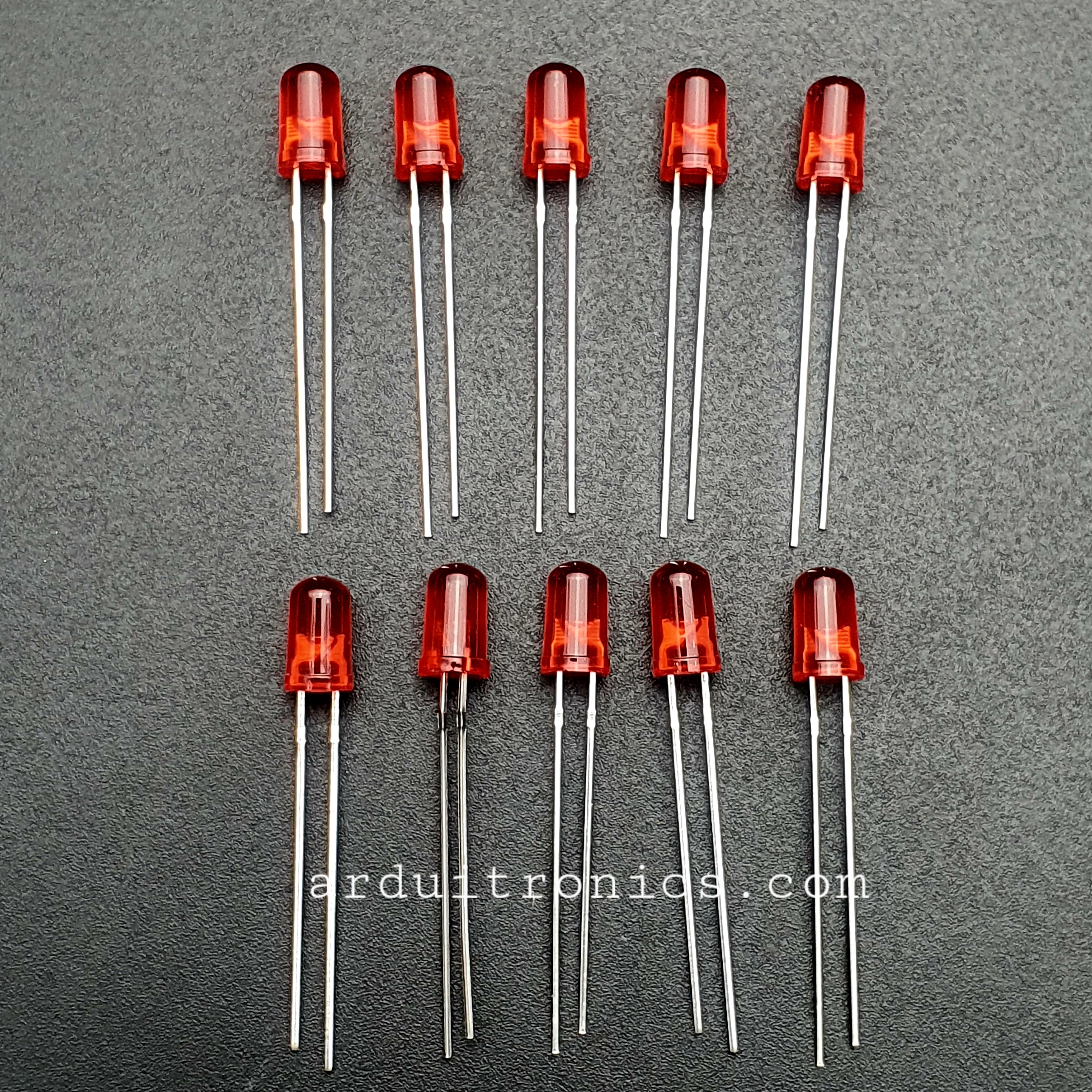 Red LED 5mm ชุด 10 หลอด ขายาว ขนาด 28mm สีแดง
