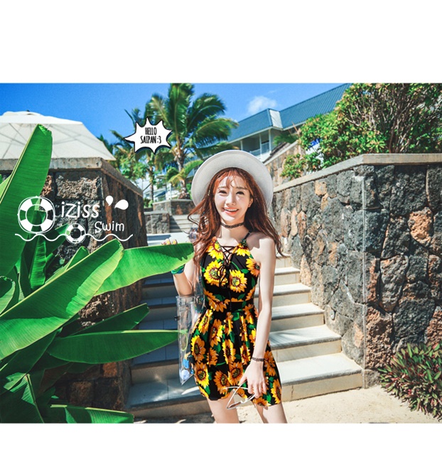 ***พรีออเดอร์***บิกินี่ชุดว่ายน้ำวันพีซ one-piece สีขาวเหลืองพิมพ์ลายดอกทานตะวัน เล่นดีเทล sexy เล็กๆ ช่วงร้อยเชือกสลับผูกเป็นโบว์ น่ารักไม่โป๊ สดใสรับลมทะเลสวยเหมือนแบบค่ะ