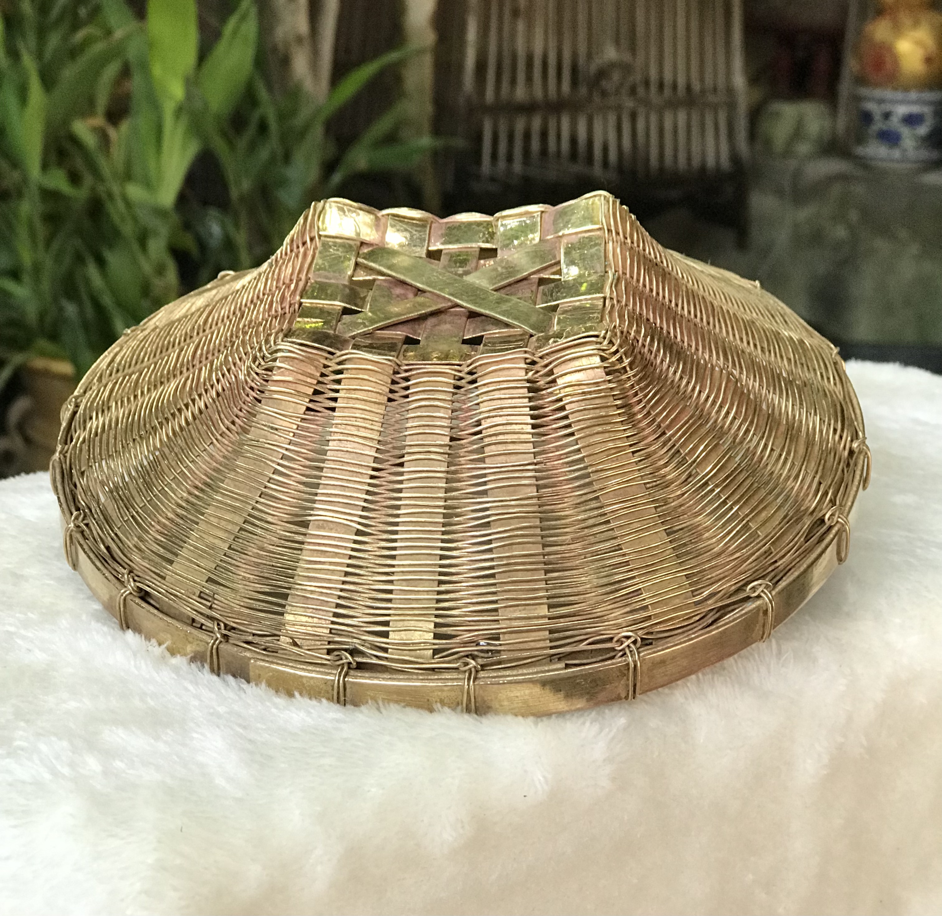 Antique Brass ตะกร้า กระจาดทองเหลืองสาน งานเก่าน้ำหนัก 300 กรัม ขนาดกว้าง 6 นิ้ว สะสม ตั้งโชว์ตกแต่งบ้าน