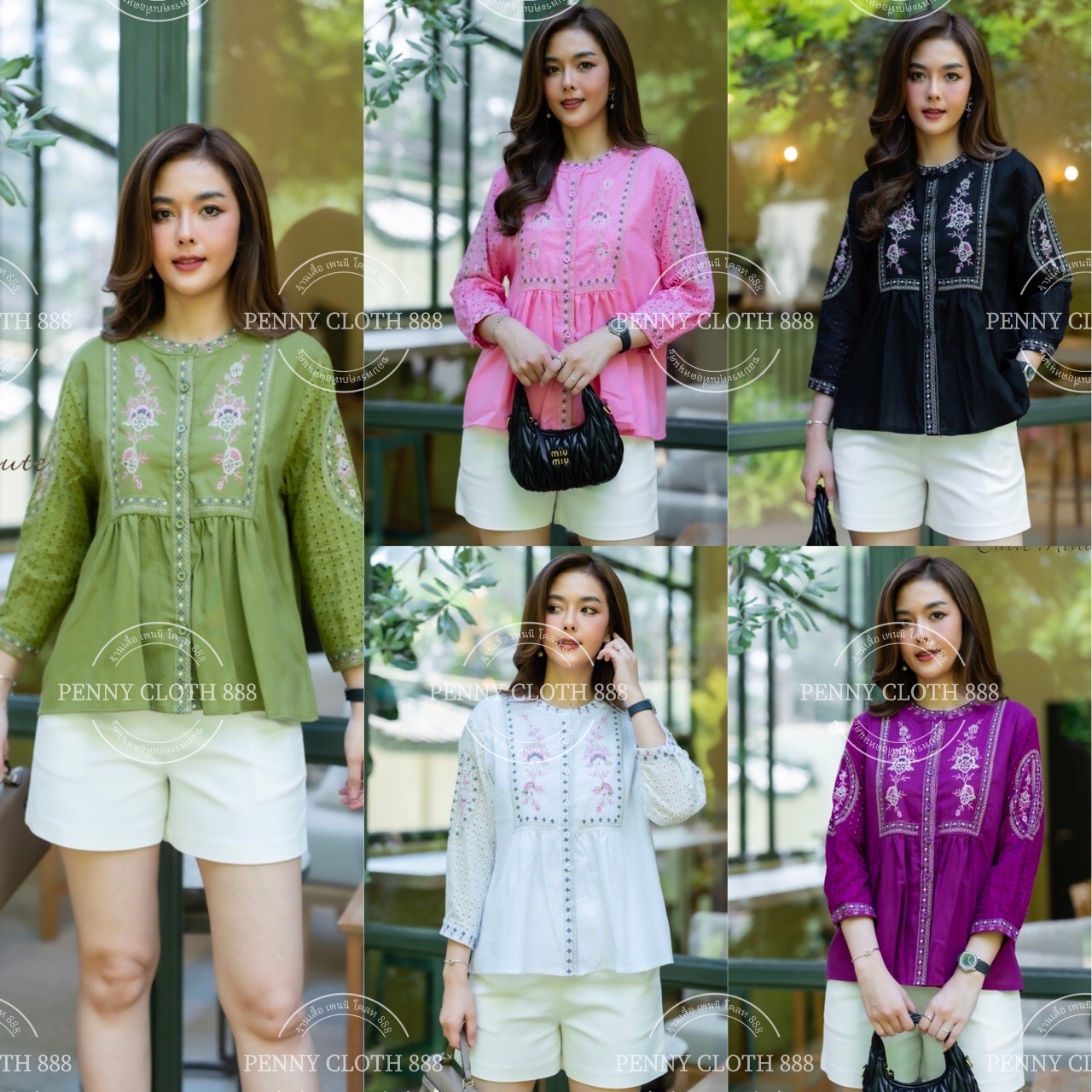 P211 เสื้อขนาด อก 44 นิ้ว ลินินผสมฝ้าย งานปักสไตล์ครอสติส ไม่มีซับใน แขนตัดต่อลูกไม้คอตตอน