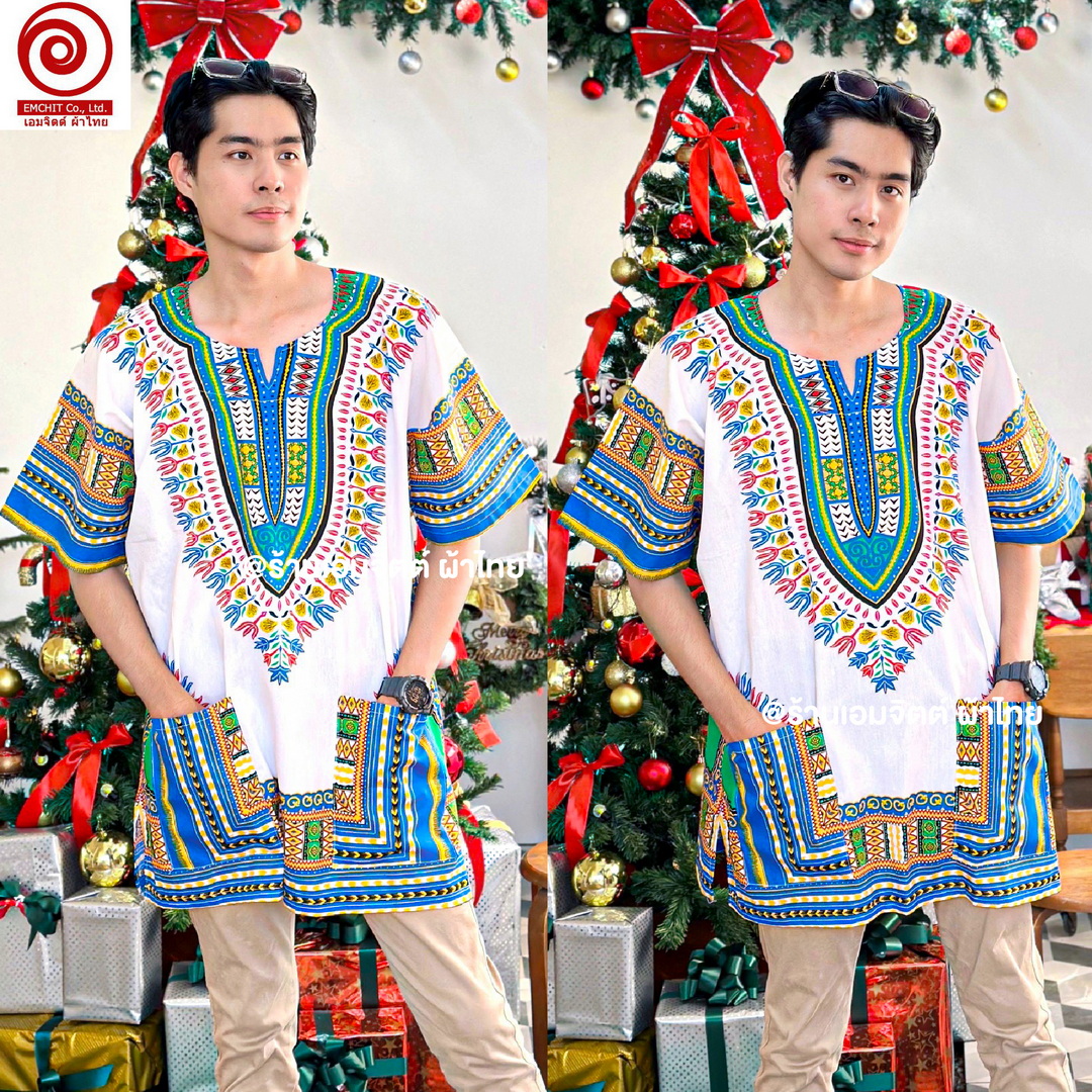 [ฟรีไซส์] เสื้อจังโก้ โบฮีเมียน เสื้อแอฟริกัน (พื้นขาว) คอตต้อน 100%