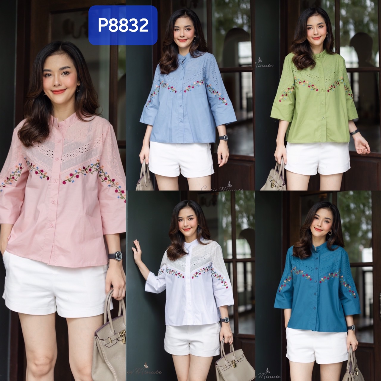 P8832 เสื้อเชิ้ตคอตตอนตัดสลับผ้าฉลุ กระดุมผ่าหน้า งานปักดอกไม้ แขน 3 ส่วน มีขนาดเดียว อก 44" ความยาวเสื้อ 25"