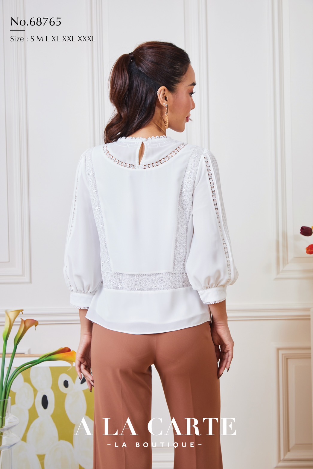 68765 เสื้อชีฟอง A LA CARTE งานปัก แทรกทริม สวยหรู มีซับใน ขนาด 3XL 46" สีขาว แดง เทา