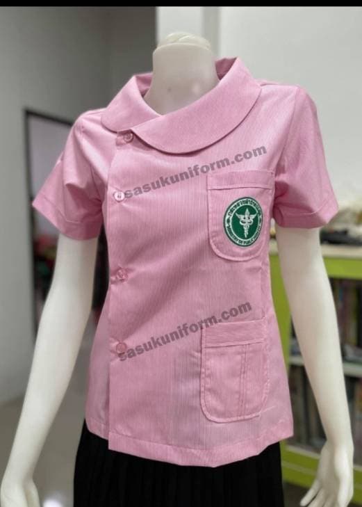 เสื้อริ้วชมพูขาว คอบัวกัลยา ปักกระทรวง ผู้หญิง