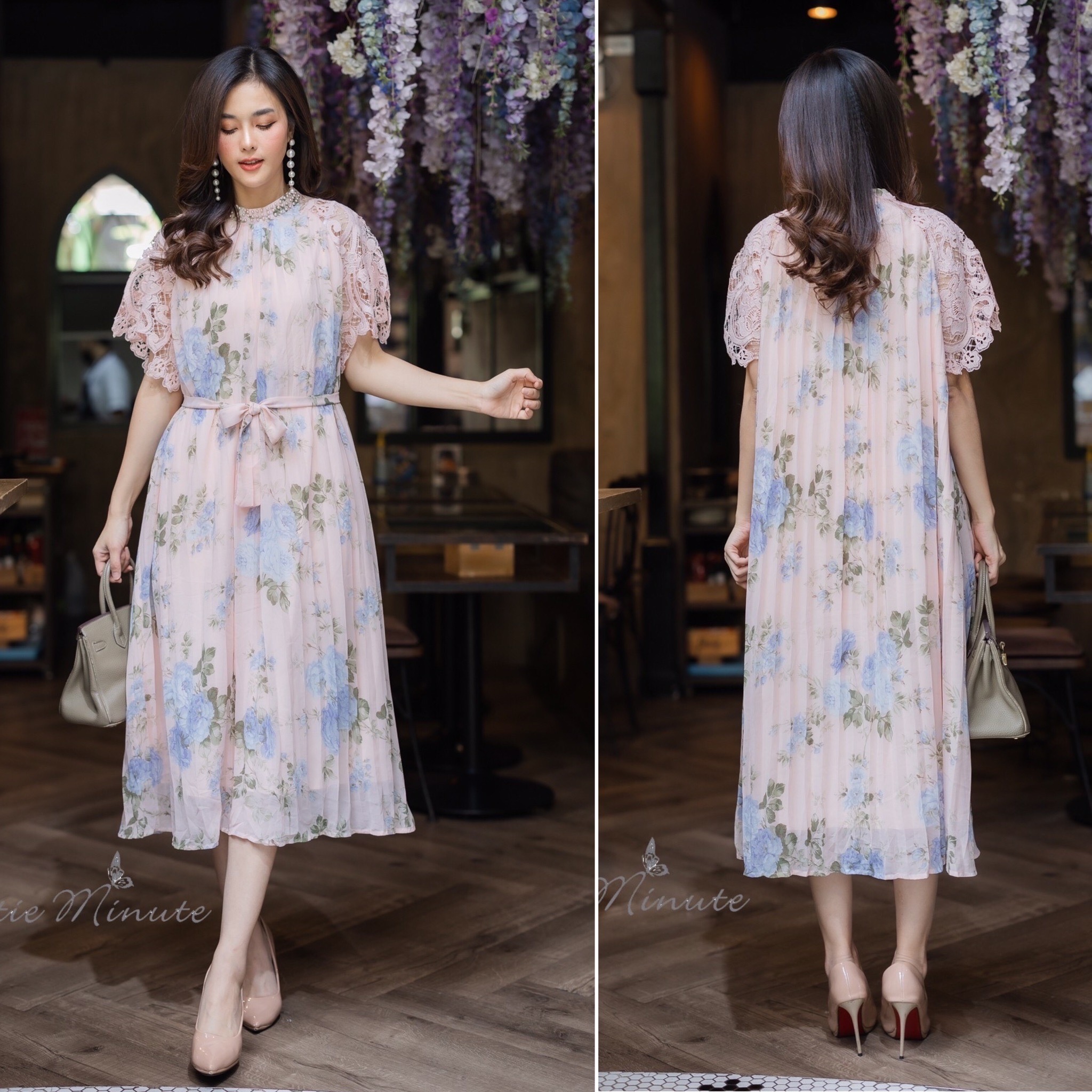 P0663👗🦋 Maxiเดรสชีฟองเกาหลีลายดอกไม้อัดพลีทเนื้อหนา เนื้อผ้านิ่มมีน้ำหนัก มีซับใน มาพร้อมเชือกผูกเอว แต่งแขนด้วยผ้าลูกไม้เนื้อหนา และประดับคอด้วยการตอกมุกตามสี อก ฟรีไซส์ 44" เดรสยาว 48 นิ้ว สี เหลือง