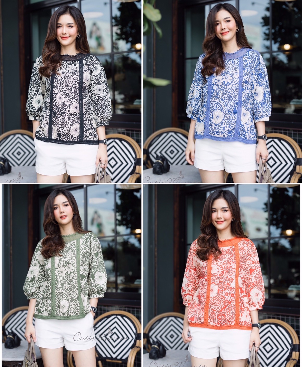 P0701🦋 เสื้อcottonญี่ปุ่นเกรดพรีเมี่ยม เนื้อผ้านิ่ม มีความนุ่ม มาพร้อมลายสวยๆทั้งตัว เสื้อแต่งด้วยแถบลูกไม้สีเดียวกับเสื้อ ด้านหลังมีกระดุมสวมใส่ง่าย