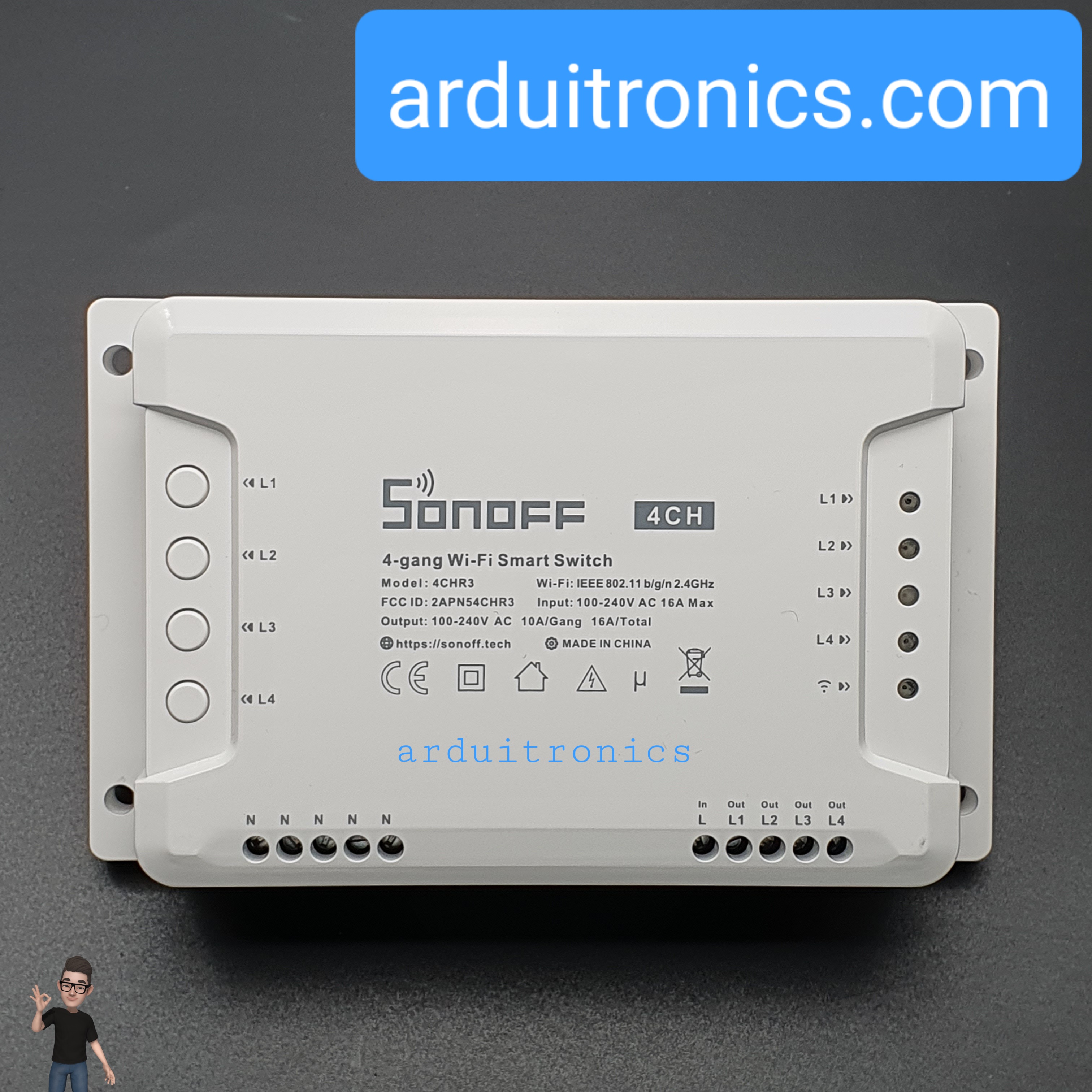 Sonoff 4CH R3 (รุ่นล่าสุด) สวิตซ์ Wi-FI แบบ 4 ช่อง ควบคุมแยกอิสระผ่านปุ่มและแอพ เลือกได้ 3 โหมด รองรับ Google Home, Alexa
