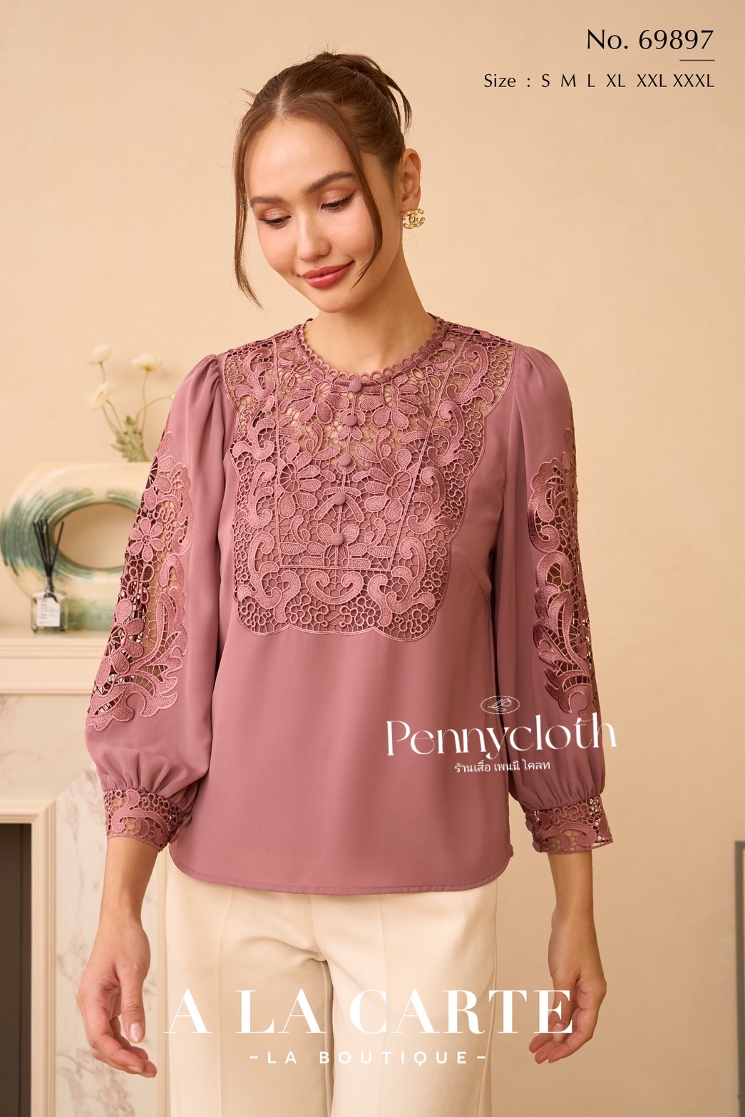 69897 เสื้อ A La Carte เสื้อชีฟองแต่งลูกไม้เนื้อทอ ช่วงอก และแขน by PENNY CLOTH