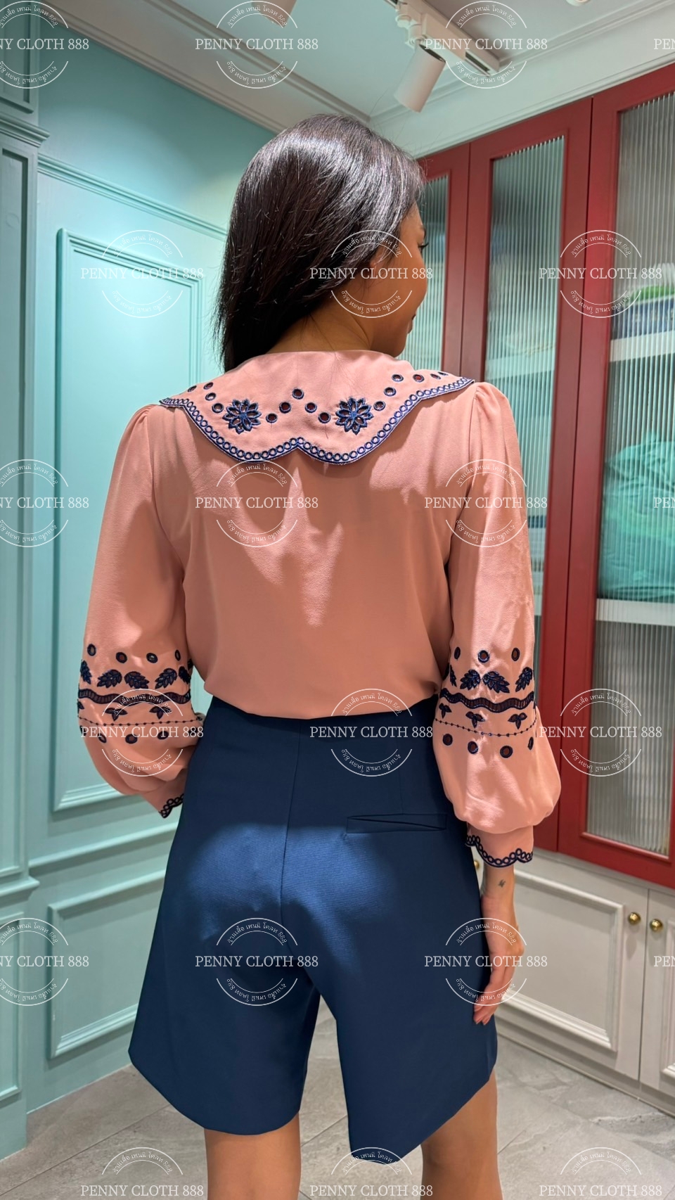 69689 เสื้อ A La Carte ชีฟองคอปก งานปักฉลุขึ้นใหม่ มีกระดุมหน้า 3 เม็ด มีซับใน by PENNY CLOTH 888