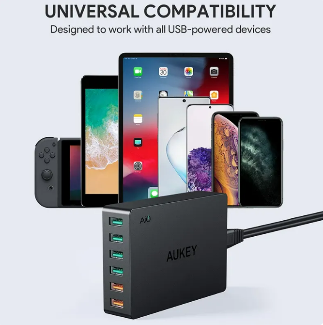 AUKEY 50W/10A 6 Ports USB Wall Charger (port 1-4 USB) (port 5,6 - Quick Charge)