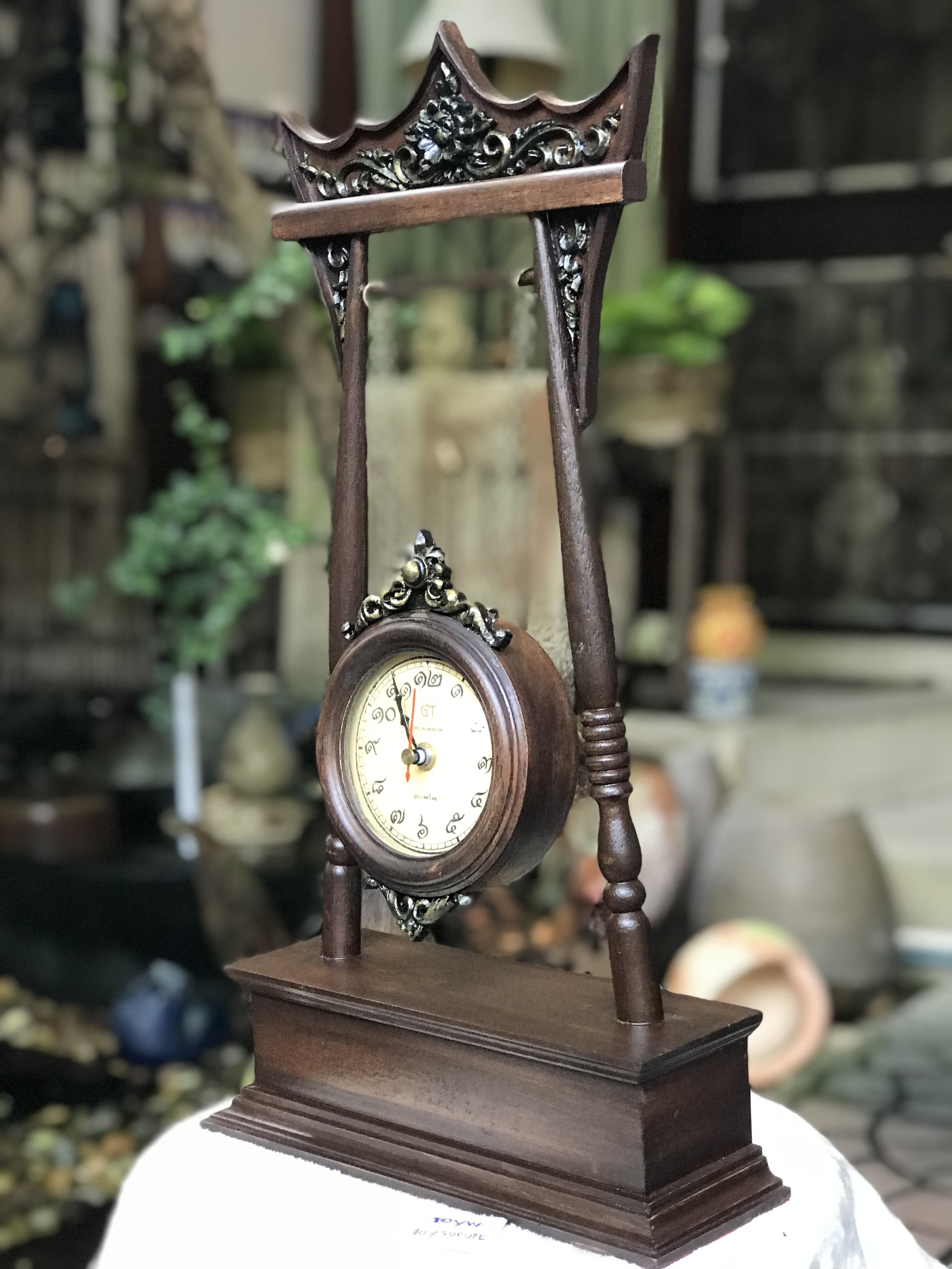 ใช้งานได้ปกติ antique table clock นาฬิกาตั้งโต๊ะไม้จริงทรงเสาชิงช้าจำลอง นาฬิกาโบราณไม้จริง