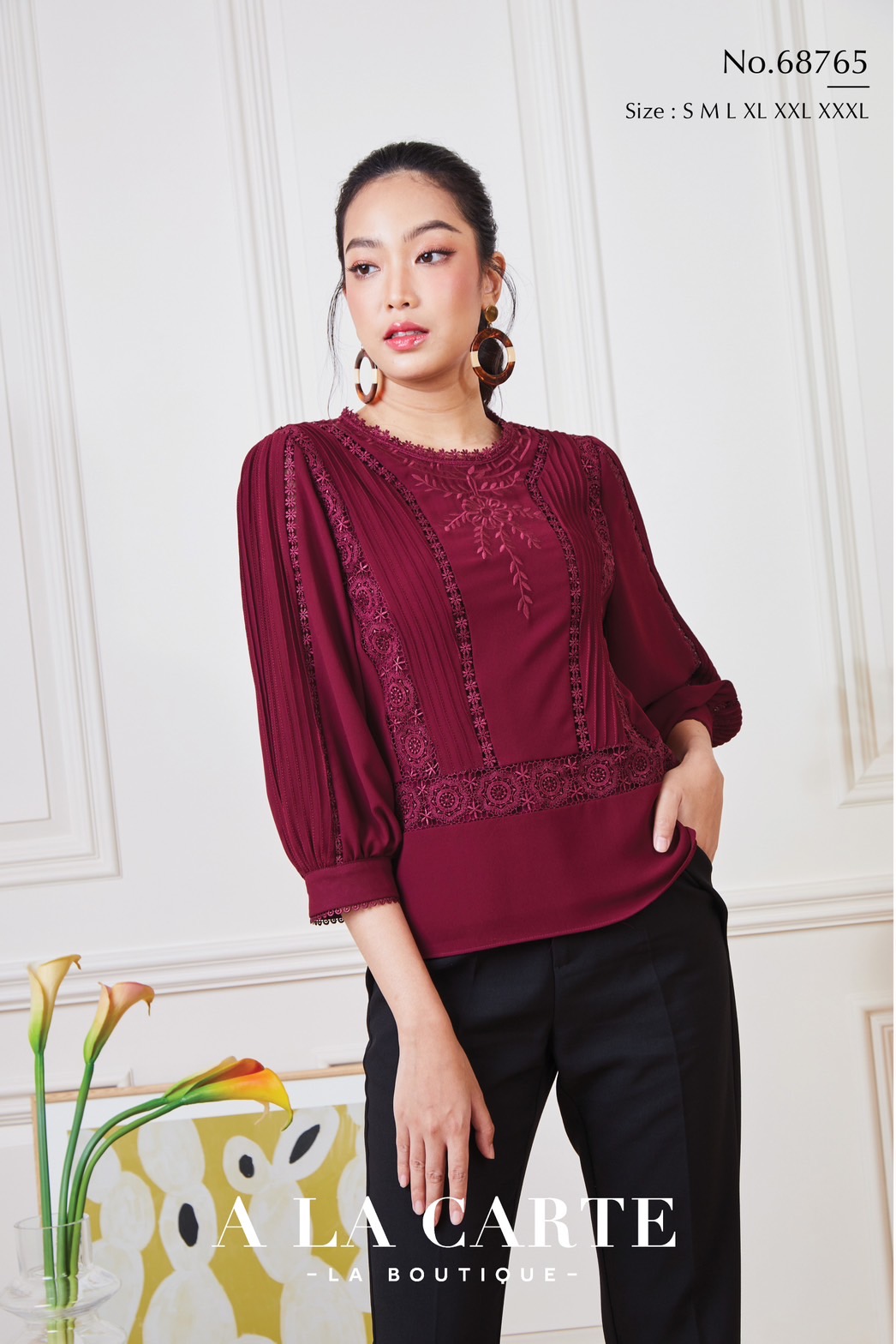 68765 เสื้อชีฟอง A LA CARTE งานปัก แทรกทริม สวยหรู มีซับใน ขนาด 3XL 46" สีขาว แดง เทา