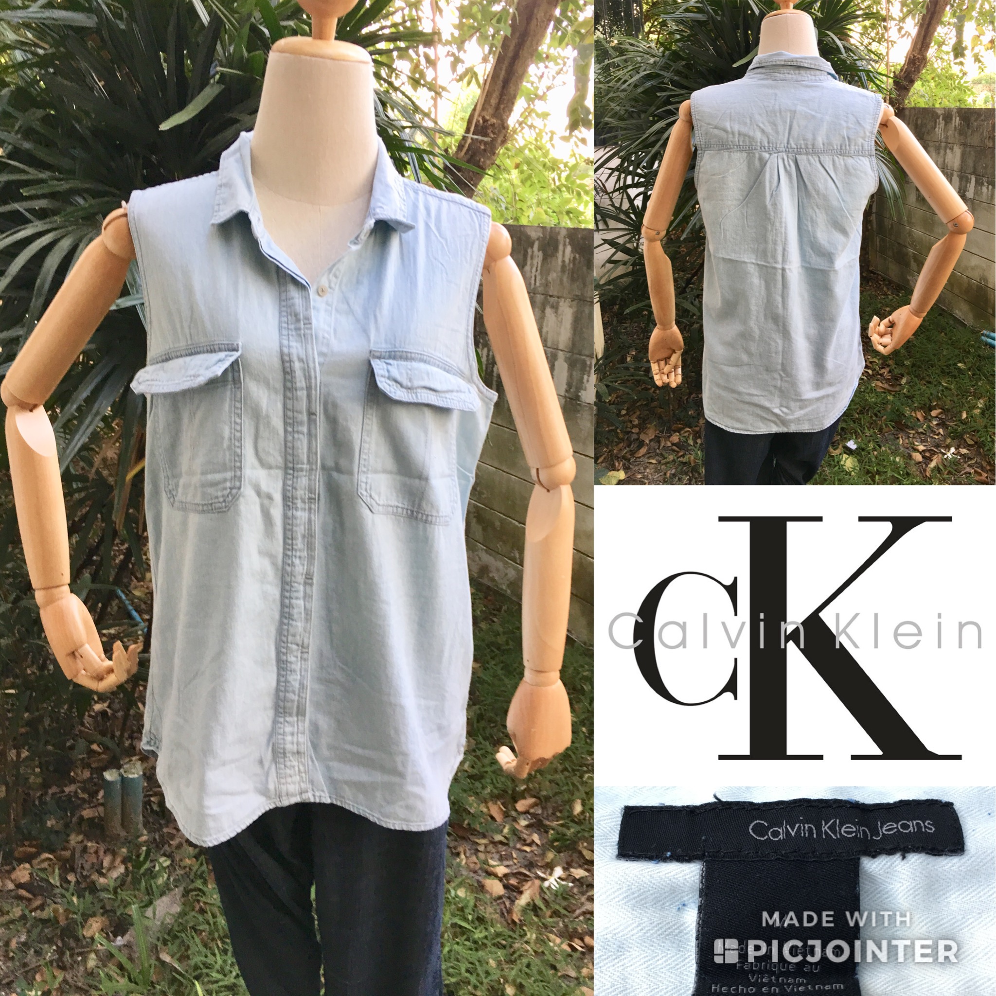 2sis1bro แบรนด์แท้ Calvin Klien Jeans เสื้อเชิ้ต เสื้อยีนส์ แขนกุด มือสอง พร้อมส่ง sz M