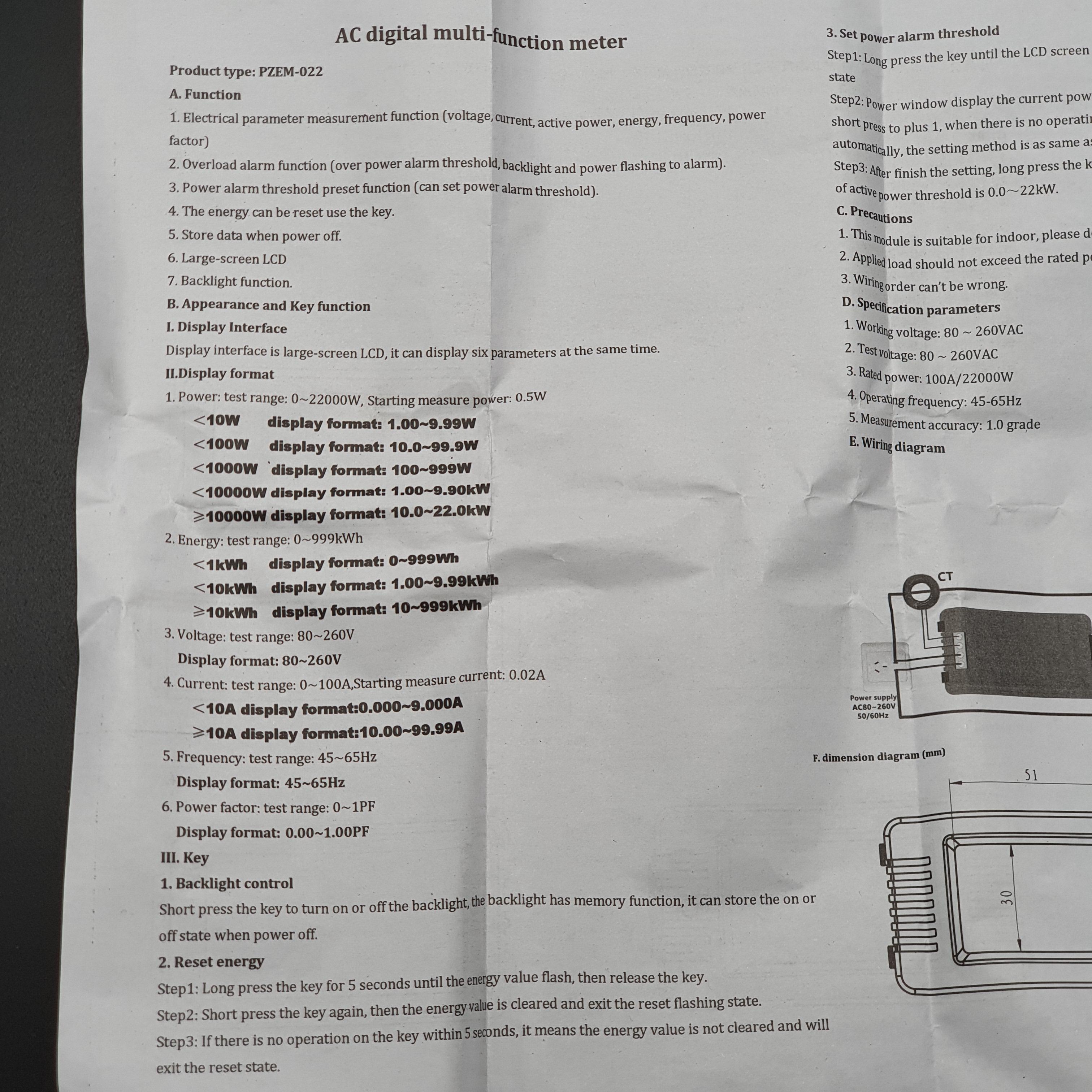 PZEM-022 100A AC Digital Power Meter มิเตอร์วัดการใช้พลังงาน + with Coil Current Transformer (CT)