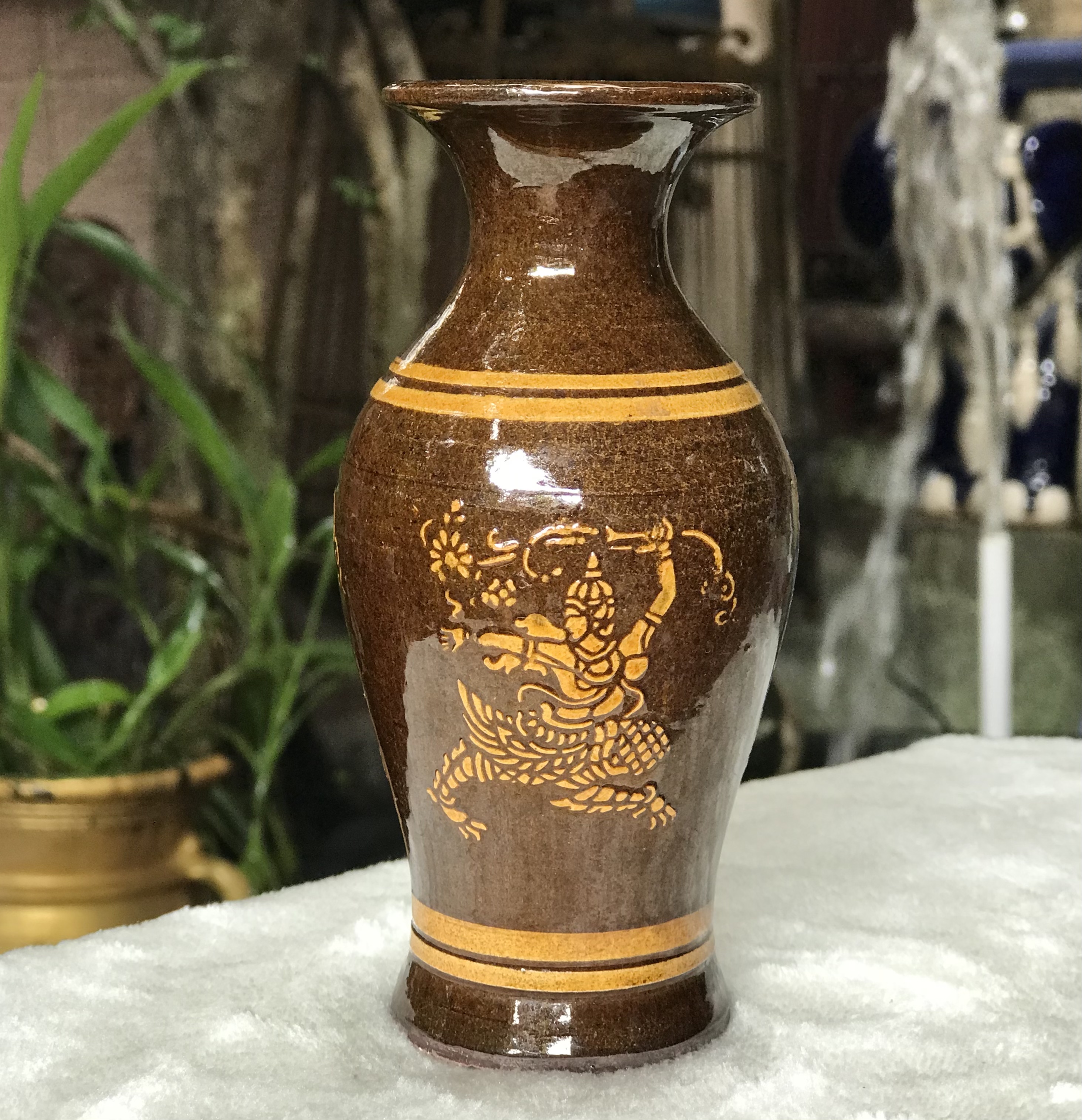 Pair of Antique Pottery Vase แจกันเครื่องปั้นดินเผาโบราณ น้ำเคลือบสีน้ำตาล ใส่ดอกไม้ ตั้งโชว์ ตกแต่งบ้าน