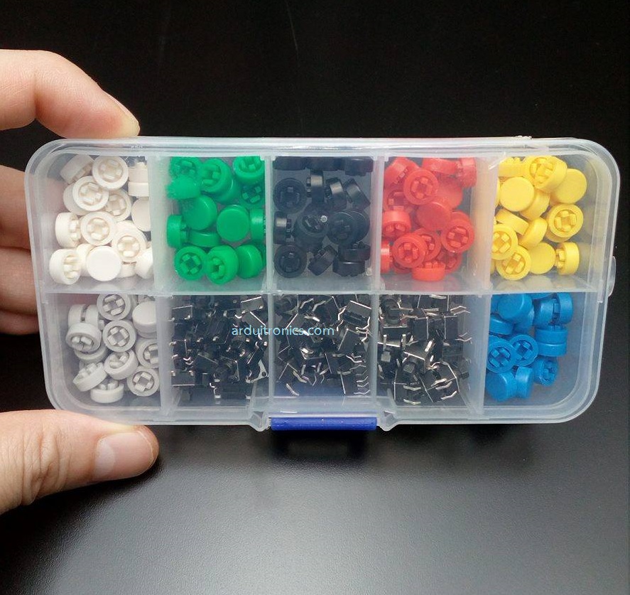 Square Head Touch Switch (6x6x7.3mm) with A44 Round Flat Button Cap (มาพร้อมกล่องพลาสติกใส)