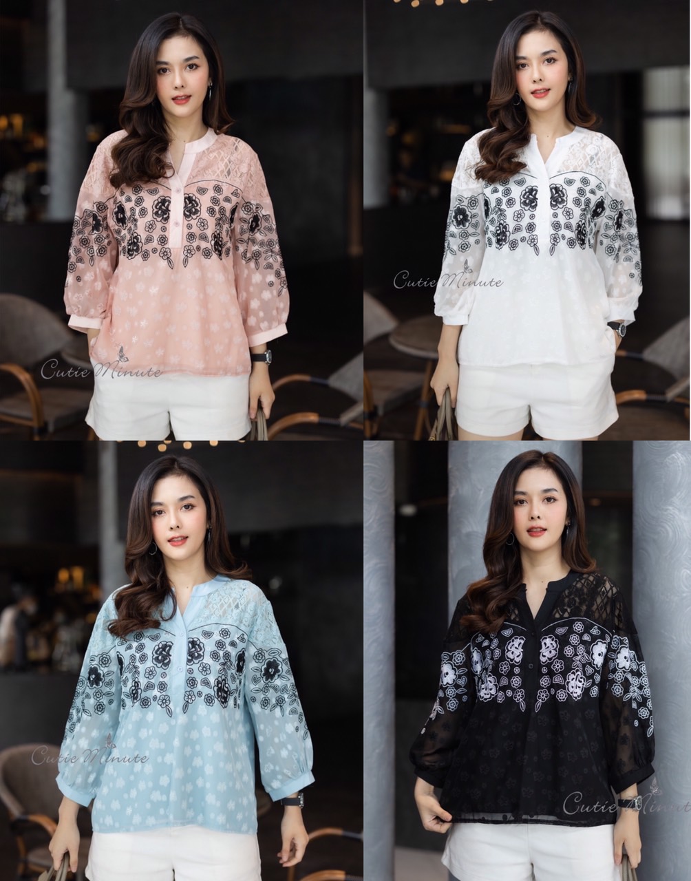 P8824 เสื้อชีฟอง silk ลายปักพิมพ์ดอกเงิน เนื้อผ้านิ่มอย่างดี แต่งผ้าลูกไม้ที่อกเพิ่มงานปักดอกไม้ สวยมาก มีซับในทั้งตัว เสื้อใส่ง่าย สวยหรู อก 44 นิ้ว มี 4 สี ชมพู ขาว ฟ้า ดำ