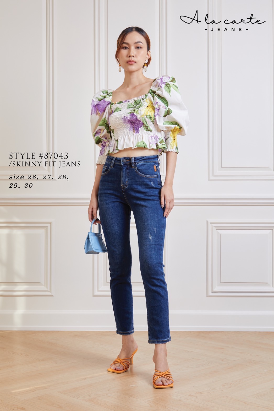 87047 A la carte jeans 👖 กางเกงยีนส์ผ้ายืดสีเข้ม ดูเพรียว skinny ขายาวเหนือข้อเท้า กระชับใส่ง่ายตัดด้ายสีครีม size 27,28,29