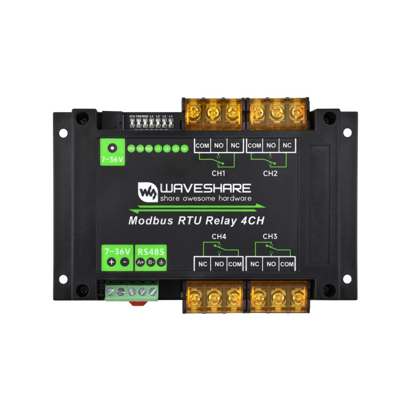 Industrial Modbus RTU 4-ch Relay Module with RS485 Interface, 30A High Current, Onboard LED Indicators, Multi Isolation Protection Circuits, Industrial Grade Rail-Mount Case (แท้ Waveshare)