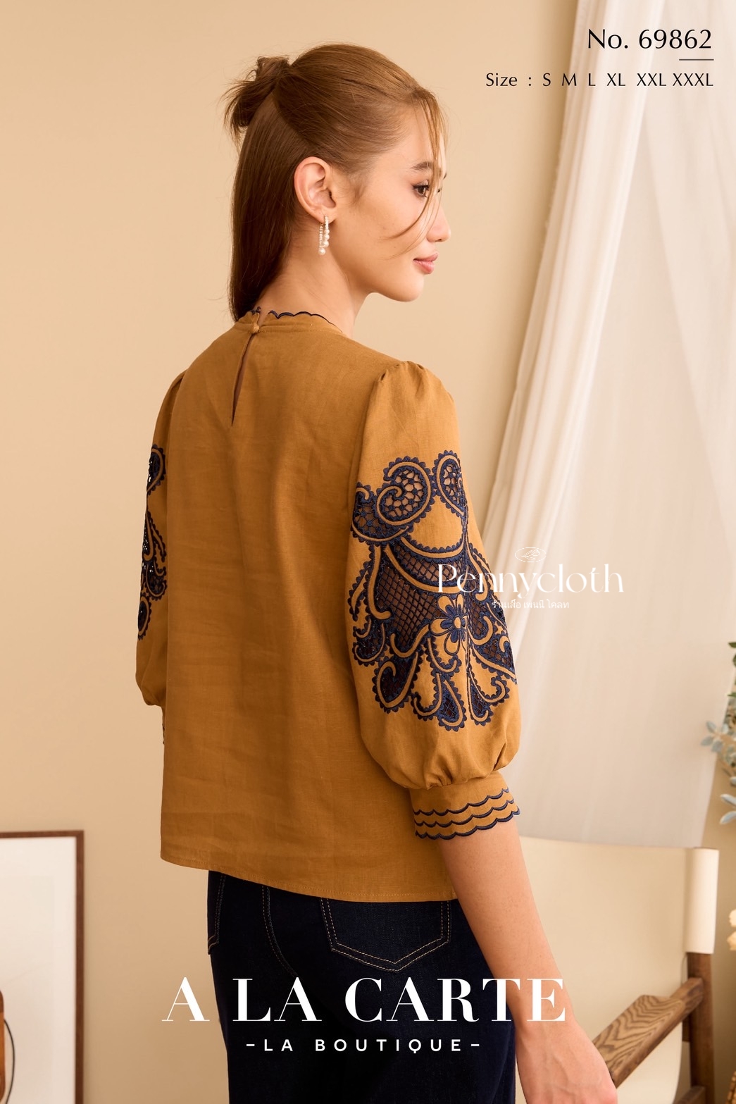 69862 เสื้อ A La Carte ลินินผสมคอตตอน งานปักฉลุ มีซับ เนื้อดีใส่สบาย by PENNY CLOTH