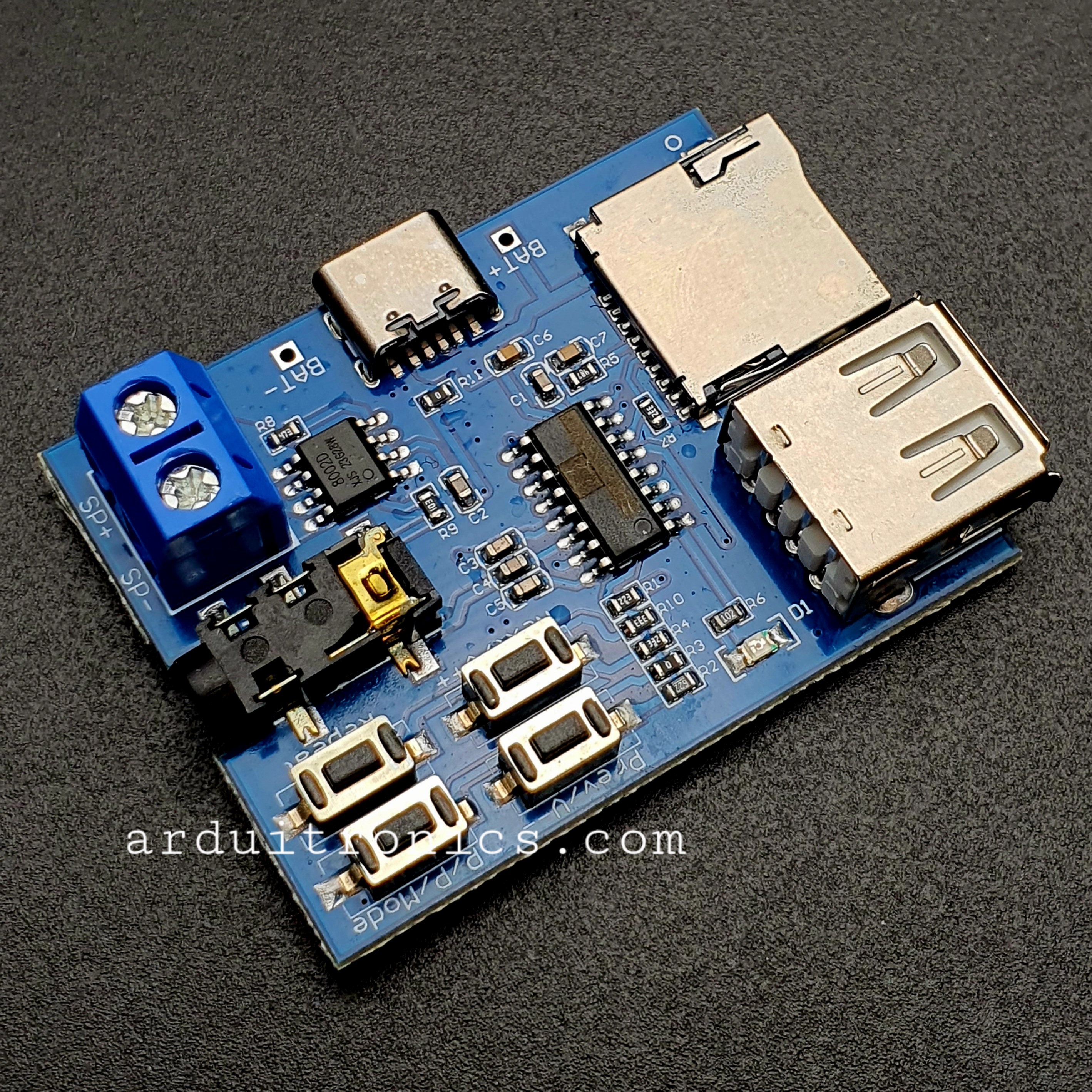 โมดูลเล่นเพลง MP3 รองรับ SD Card และ FlashDrive พร่อม Jack 3.5 ต่อกับหูฟังหรือเครื่องขยายเสียง ( Type-C )