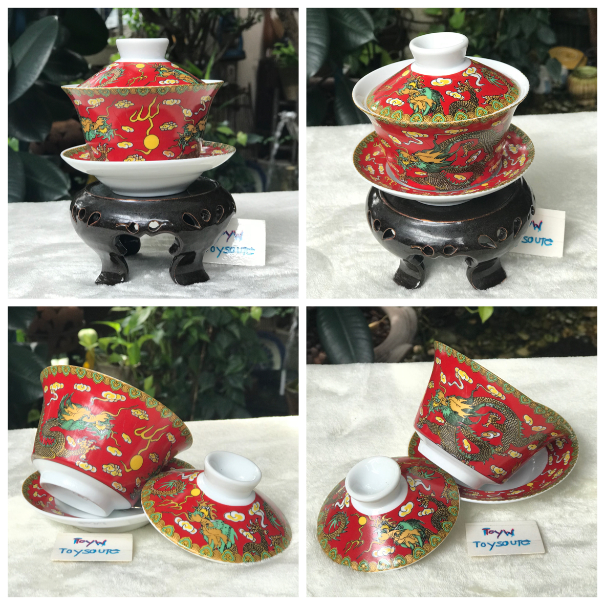 ถ้วยรินน้ำชาฮ่องเต้ เนื้อกังใส ลวดลายมังกรพื้นสีแดง พร้อมจานรองป้องกันความร้อน และฝาปิดเพื่อรักษาอุณหภูมิความร้อน