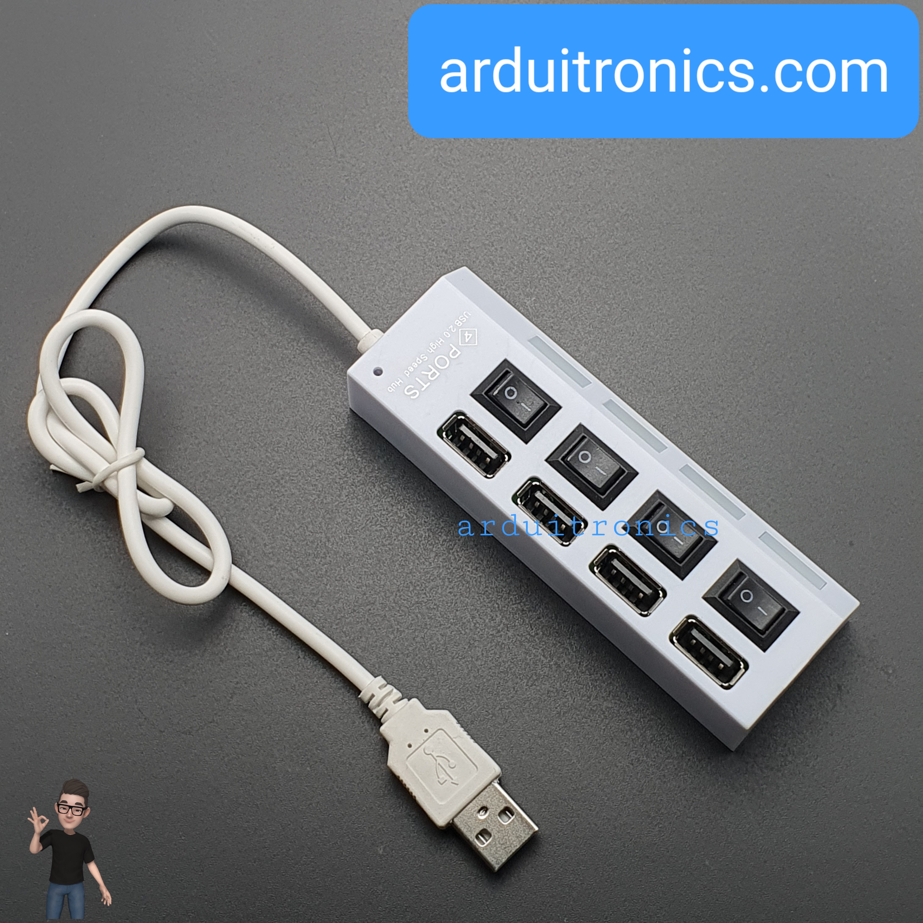 4 Ports USB Hub High-speed USB2.0 Individual LED Power Switches ( White )