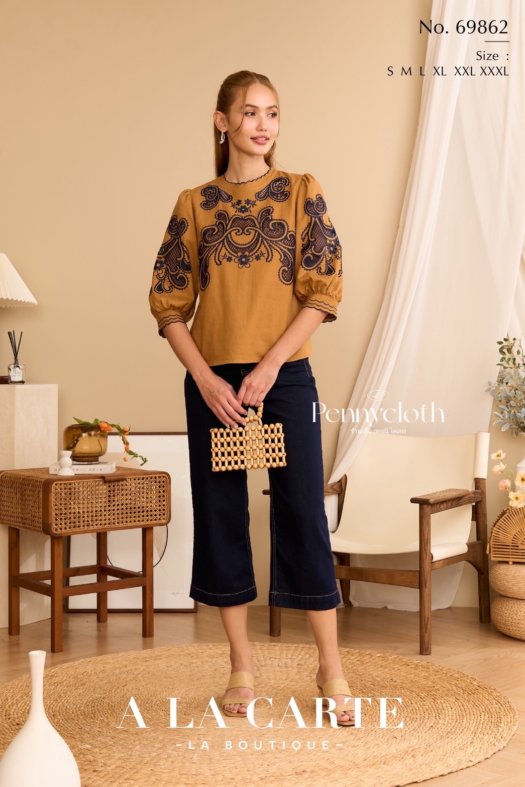 69862 เสื้อ A La Carte ลินินผสมคอตตอน งานปักฉลุ มีซับ เนื้อดีใส่สบาย by PENNY CLOTH