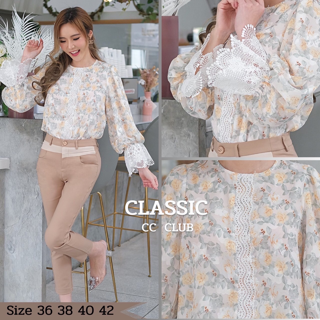 216086 เสื้อแฟชั่น ลายดอกกุหลาบ สวยหรู ดีเทล ด้านหน้า ติดแถบลูกไม้ ช่วงแขนจั้มบอลลูน และติดลูกไม้ที่ปลายแขน สีเขียว 38 สีชมพู 36, 42