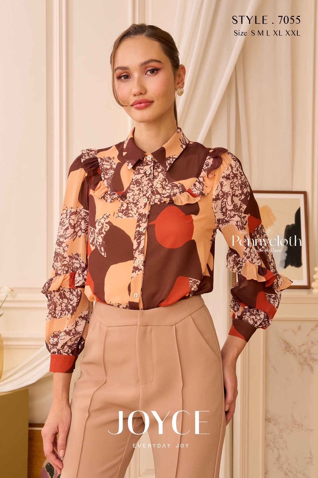 7055 เสื้อเชิ้ต Joyce ชีฟองพิมพ์ลายใหม่ แต่งระบาย ช่วงอกและแขน มีซับใน by PENNY CLOTH