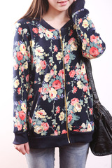 Pre-order เสื้อแจ็กเกตลายกุหลาบวินเทจ สีน้ำเงิน ด้านในบุเฟอร์