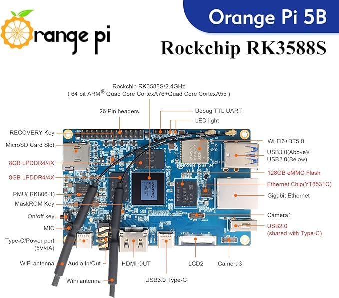 Orange Pi 5B 16GB RAM 256GB eMMC RK3588S (supports Ubuntu, Android, Debian OS) - Orange Pi