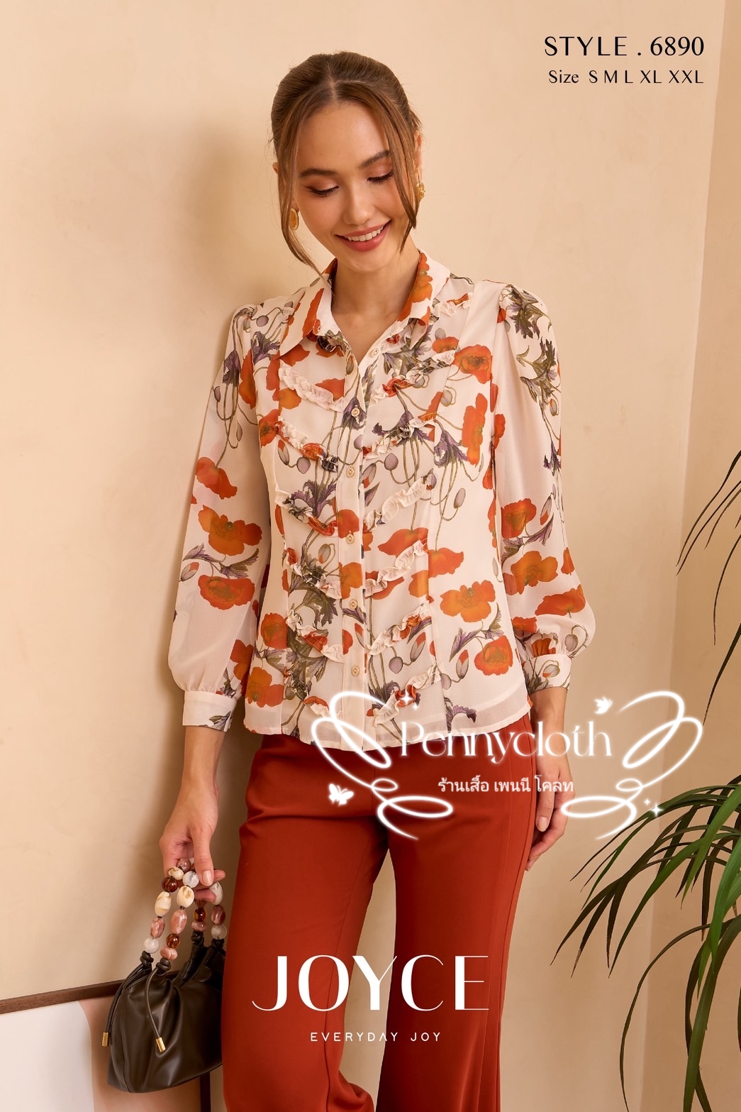 7045 เสื้อเชิ้ตแขนยาว ชีฟองพิมพ์ลาย กระดุมหน้า มีซับในเย็บติด อก 36-44" by PENNY CLOTH