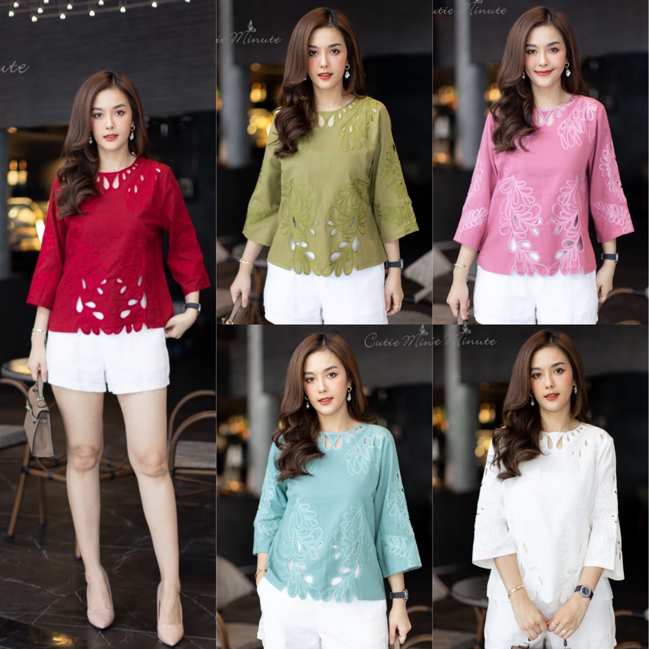 P263 เสื้อลินินผสมฝ้าย งานปักดอกไม้เจาะฉลุ แขน 3 ส่วน มีขนาดเดียว อก 44 นิ้ว ความยาว 25"