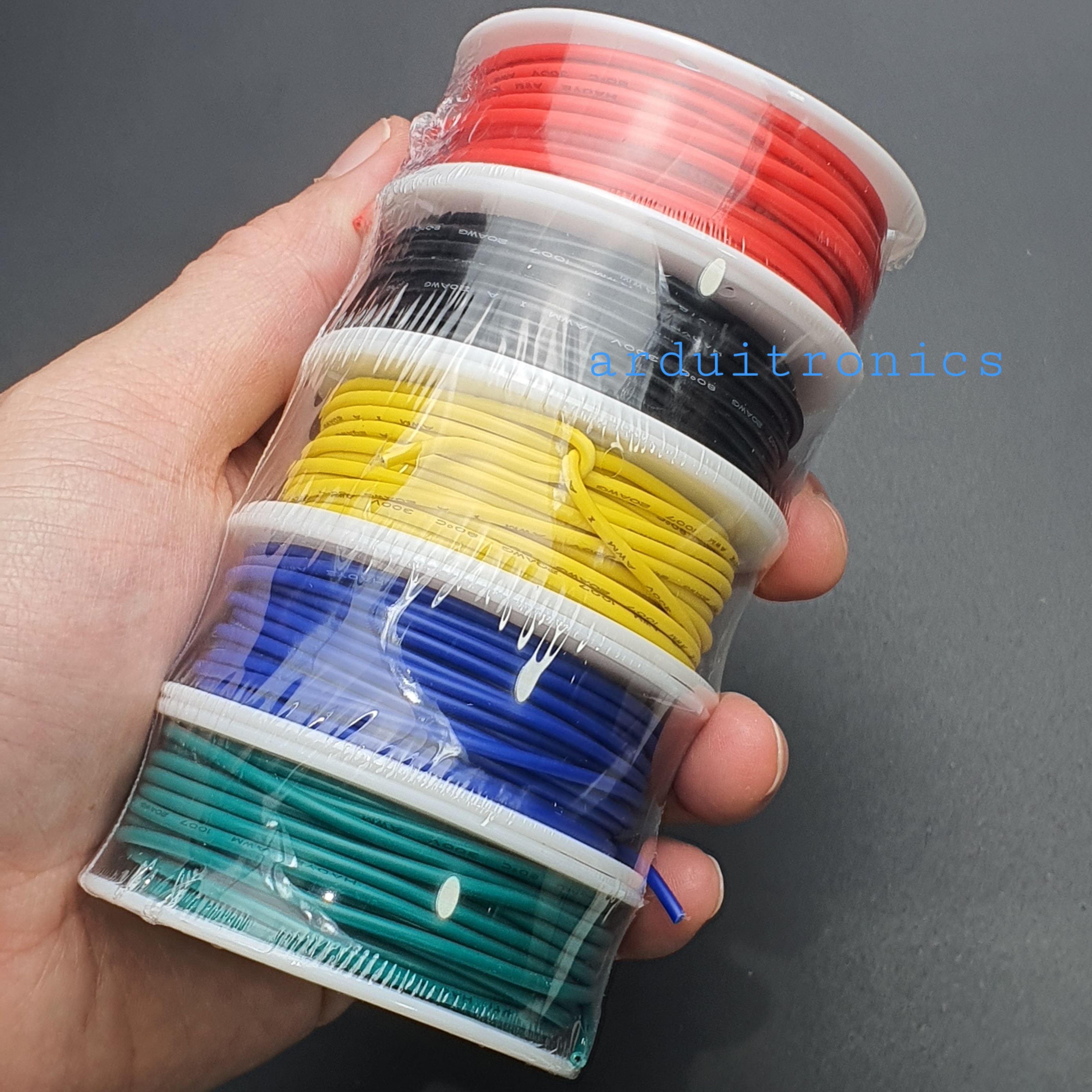 สายไฟ 5 สี สายไฟอ่อนเส้นเดี่ยว UL1007 สายไฟลวดทองแดงชุบดีบุก 20AWG ความยาวม้วนละ 10 เมตร ( สี แดง ดำ เหลือง น้ำเงิน เขียว )