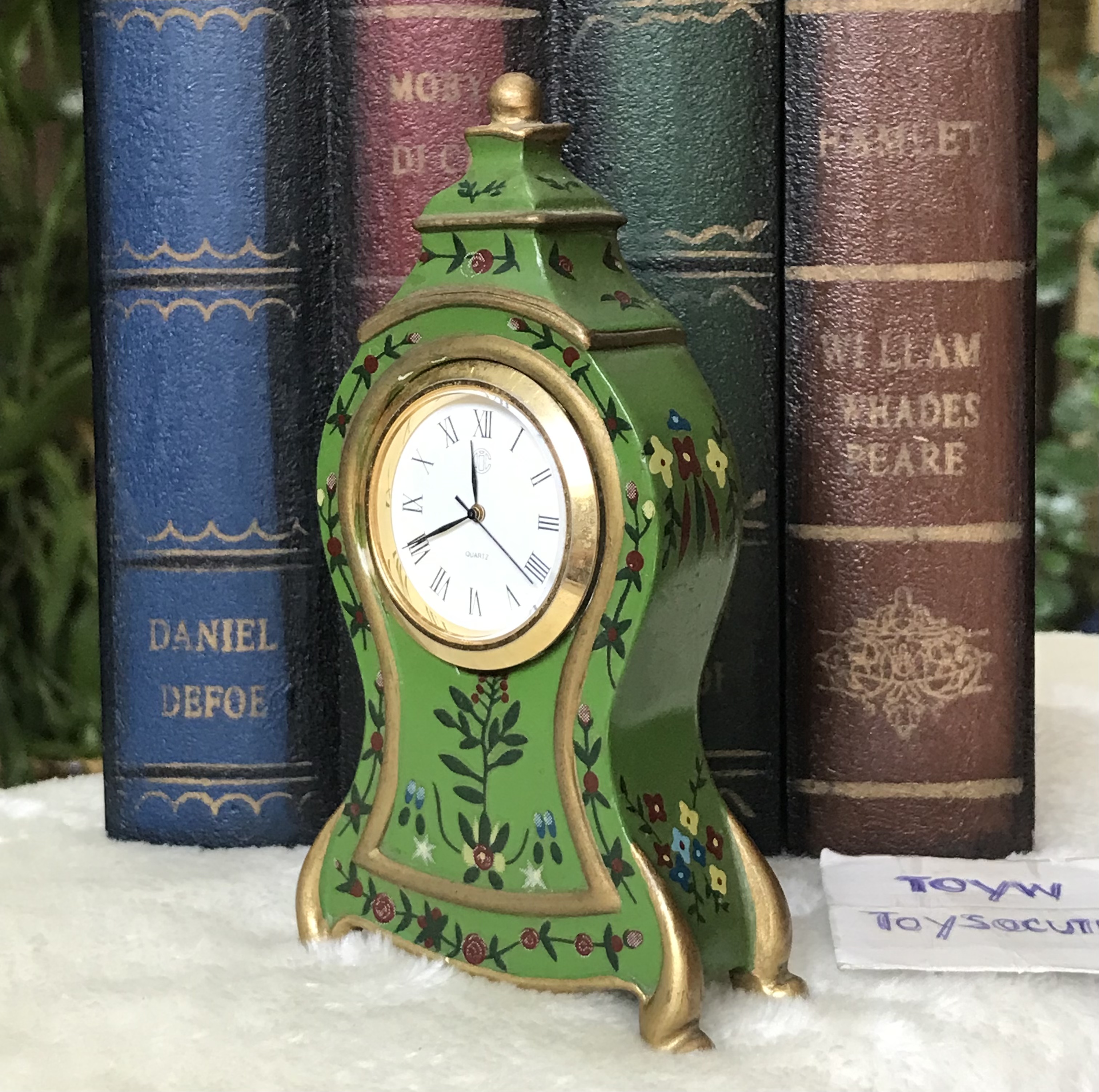 นาฬิกาตั้งโต๊ะโบราณ ขนาดเล็ก/ใช้งานปกติ Antique Swiss Made Beyer Clock,Green Case w/ Hand Painted Flowers