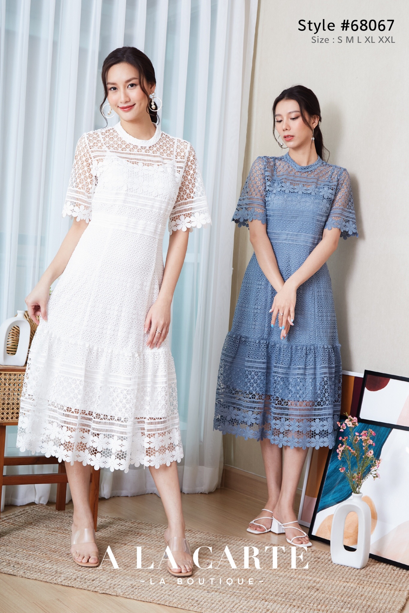 68067 ชุดเดรสลูกไม้ทรงยาว เท็กเจอร์สวย งานทอนูนเล่นมิติที่ลายดอกไม้ ทอลายกราฟฟิค เข้ารูปช่วงเอวเพรียว พรางสะโพกด้วยทรงกระโปรงทรงแฟร์ ต่อรูดระบายที่ด้านล่าง ชายกระโปรงและแขนเลาะเชิงลายดอกค่ะ สีขาว S,M สีฟ้า S