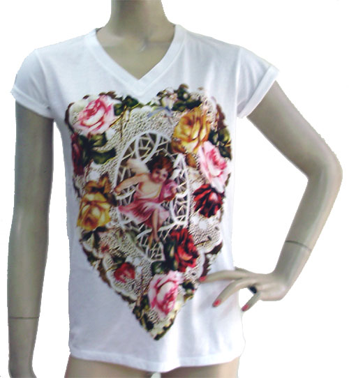 เสื้อยืดแขนสั้น สีขาว ลายวินเทจ คิวปิด ในพวงดอกไม้รูปหัวใจ