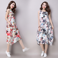 Pre-Order เดรสผ้าฝ้าย แขนกุด กระโปรงพอง ลายอาร์ตๆ มีสีแดง กับน้ำเงิน