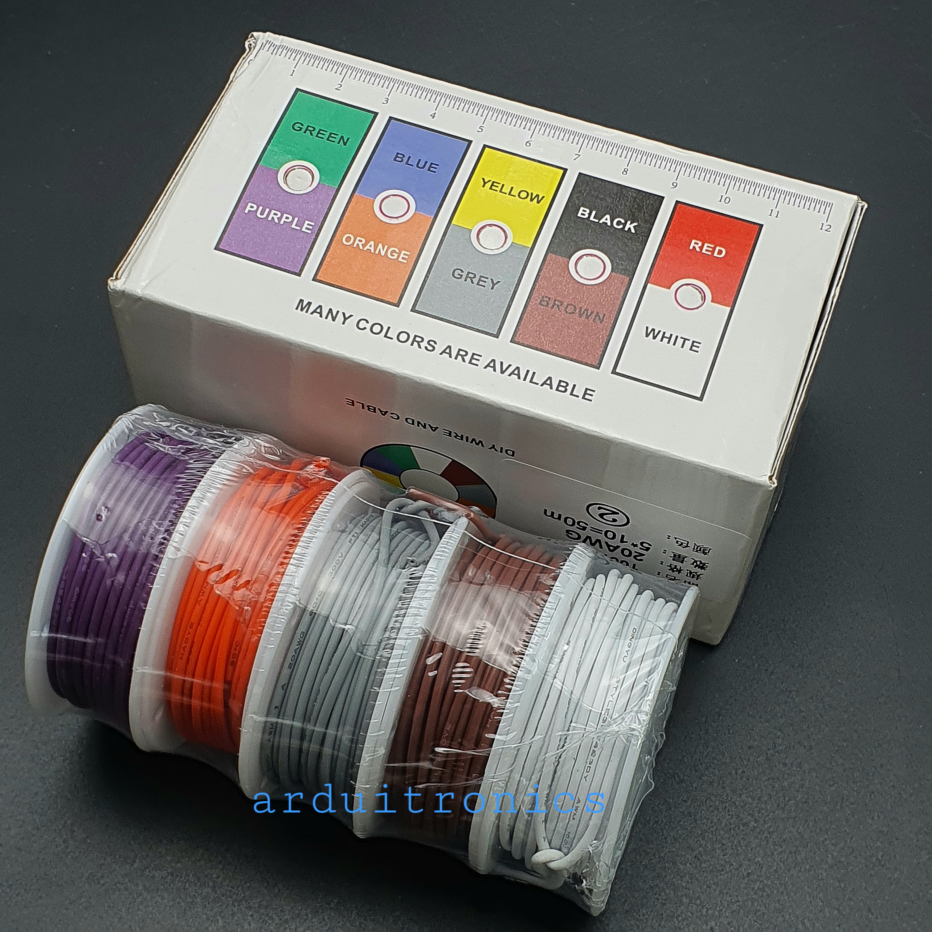 สายไฟ 5 สี สายไฟอ่อนเส้นเดี่ยว UL1007 สายไฟลวดทองแดงชุบดีบุก 20AWG ความยาวม้วนละ 10 เมตร ( สี ขาว ส้ม น้ำตาล เทา ม่วง )
