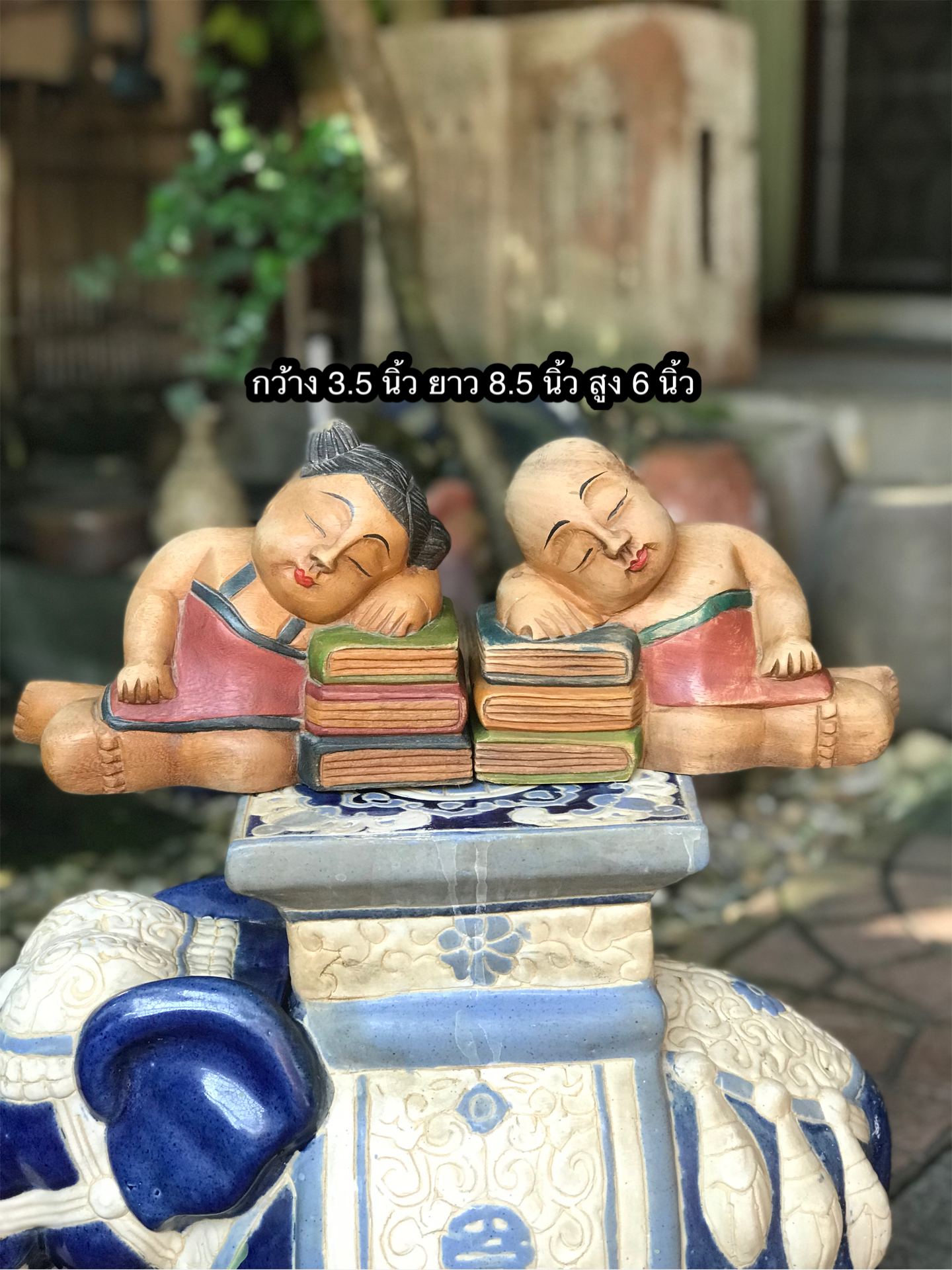 ￼ตุ๊กตาไม้แกะสลักรูปเด็กผู้หญิงและเด็กผู้ชายนอนหลับ Wooden Vintage Handmade Hand Carved ตกแต่งบ้าน ตั้งโชว์