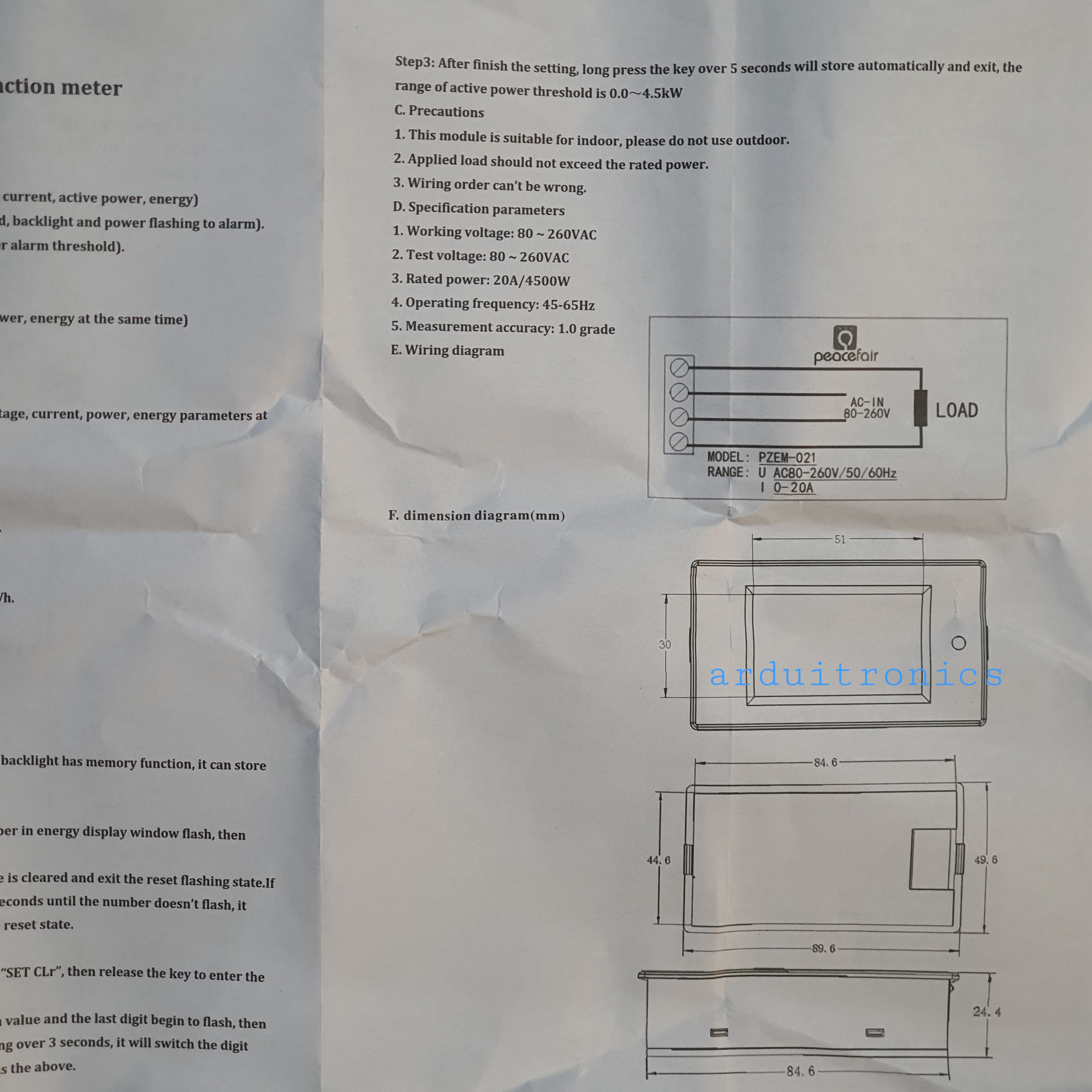 PZEM-021 20A AC Digital Power Meter มิเตอร์วัดการใช้พลังงาน